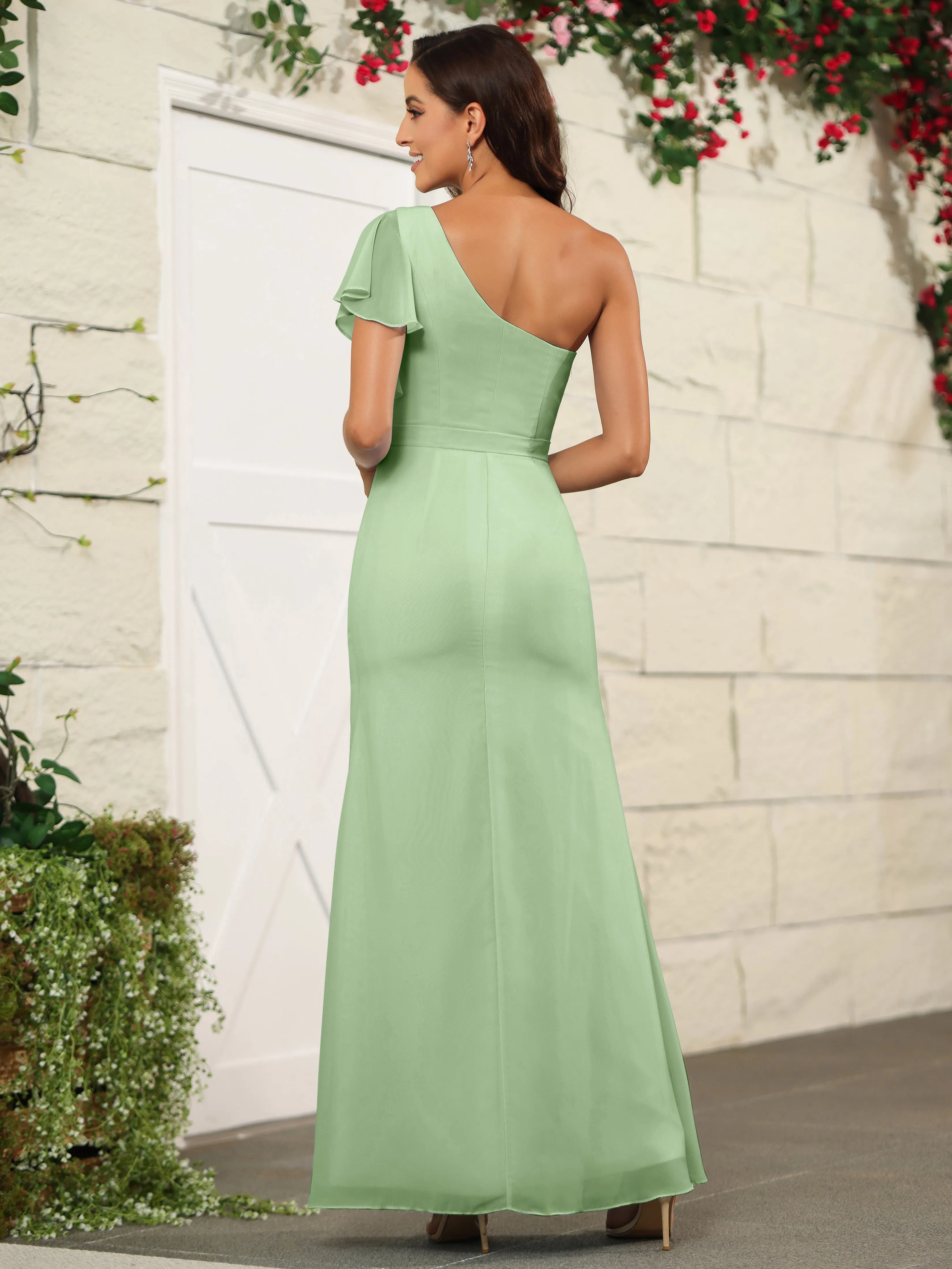 One Shoulder Chiffon Long Bridesmaid Dress with Slit