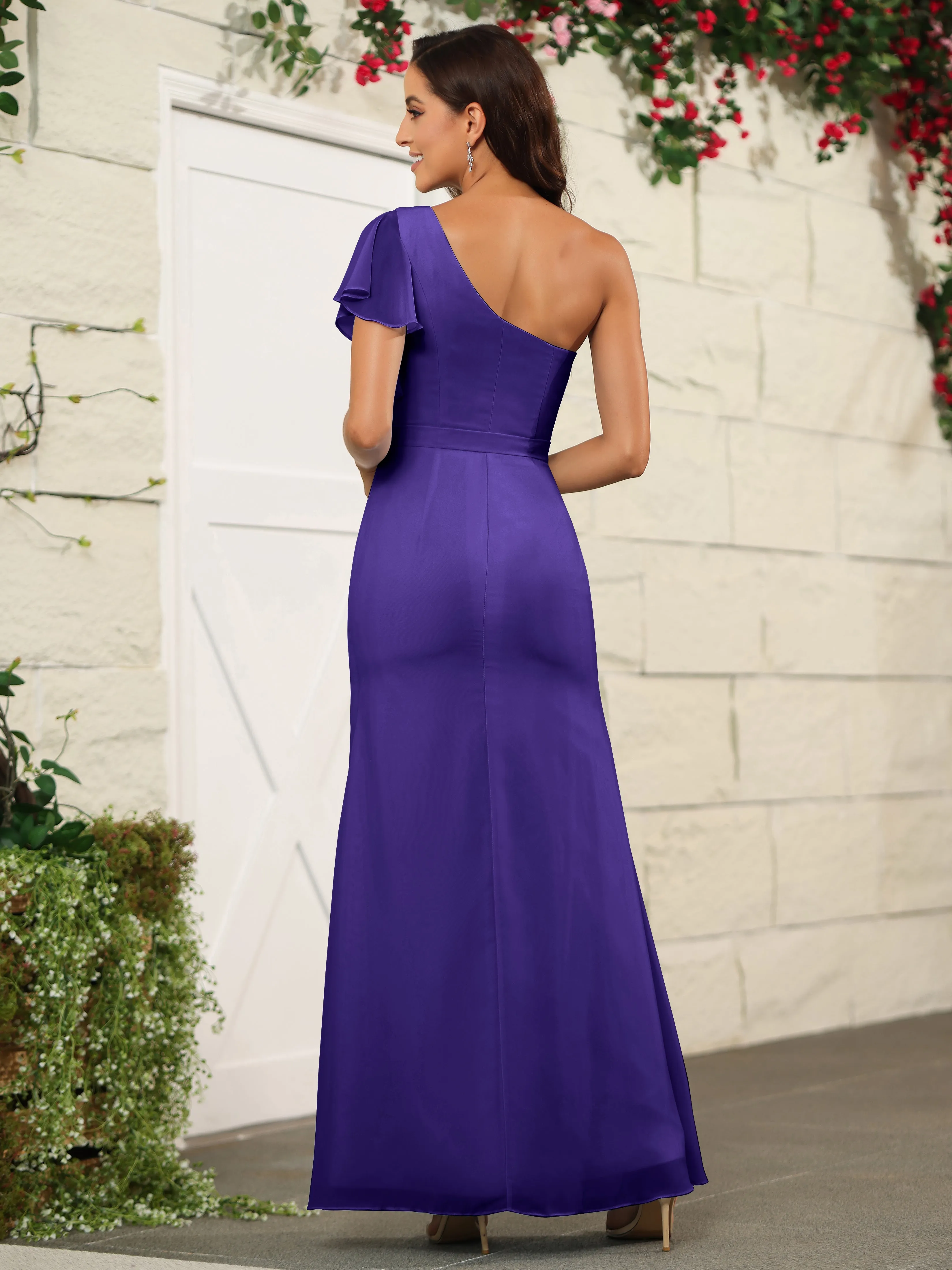 One Shoulder Chiffon Long Bridesmaid Dress with Slit