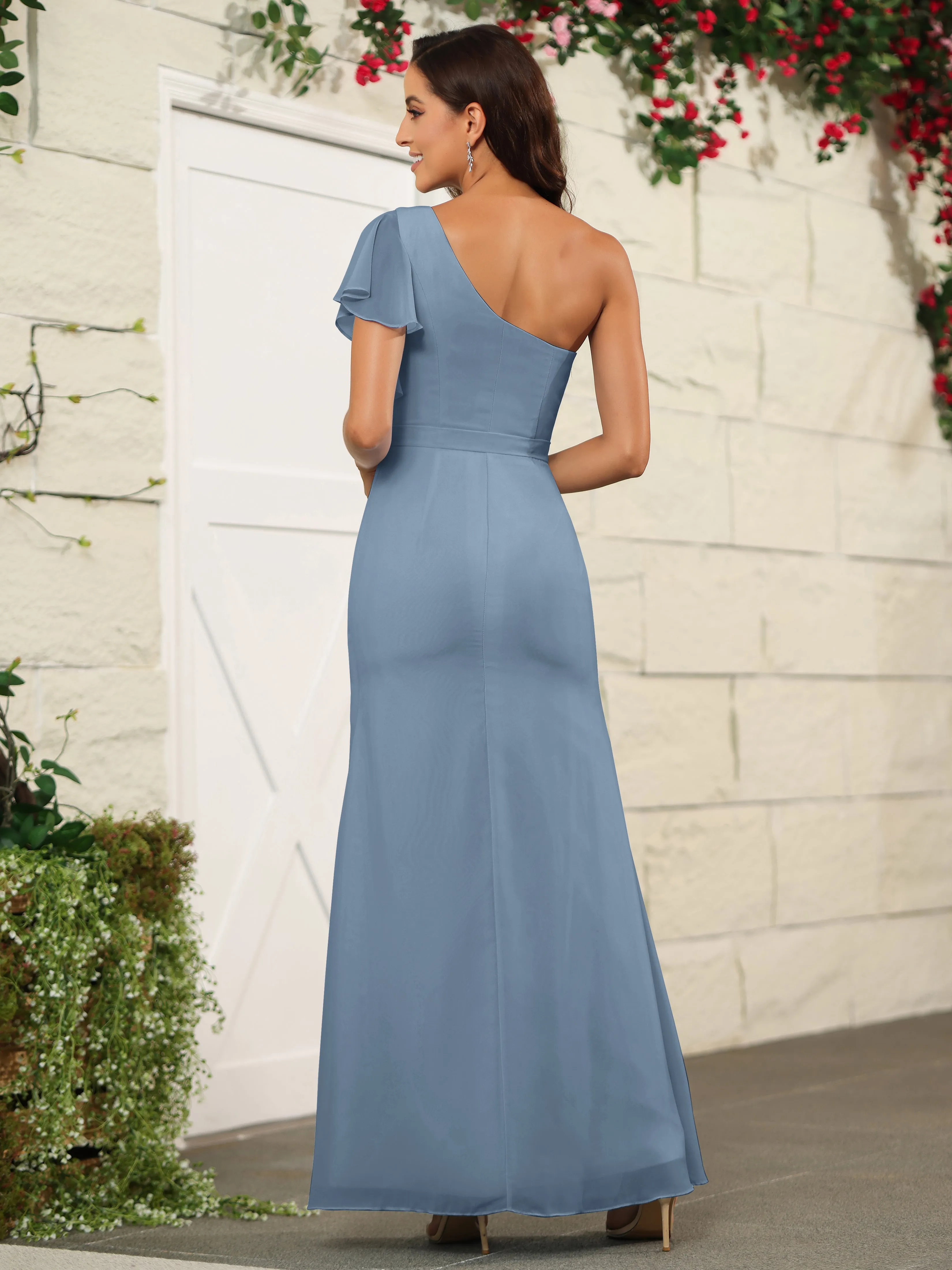 One Shoulder Chiffon Long Bridesmaid Dress with Slit