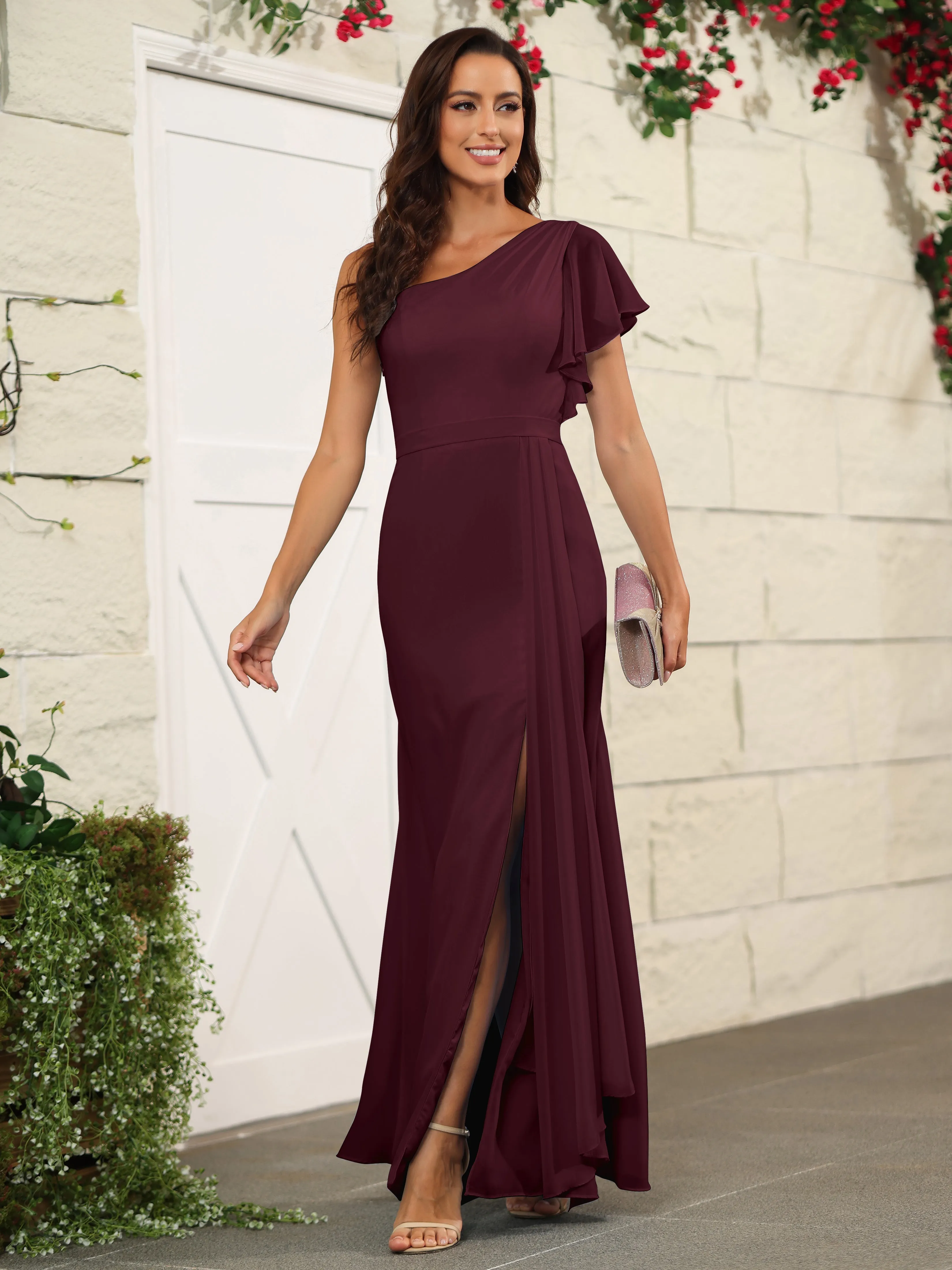 One Shoulder Chiffon Long Bridesmaid Dress with Slit