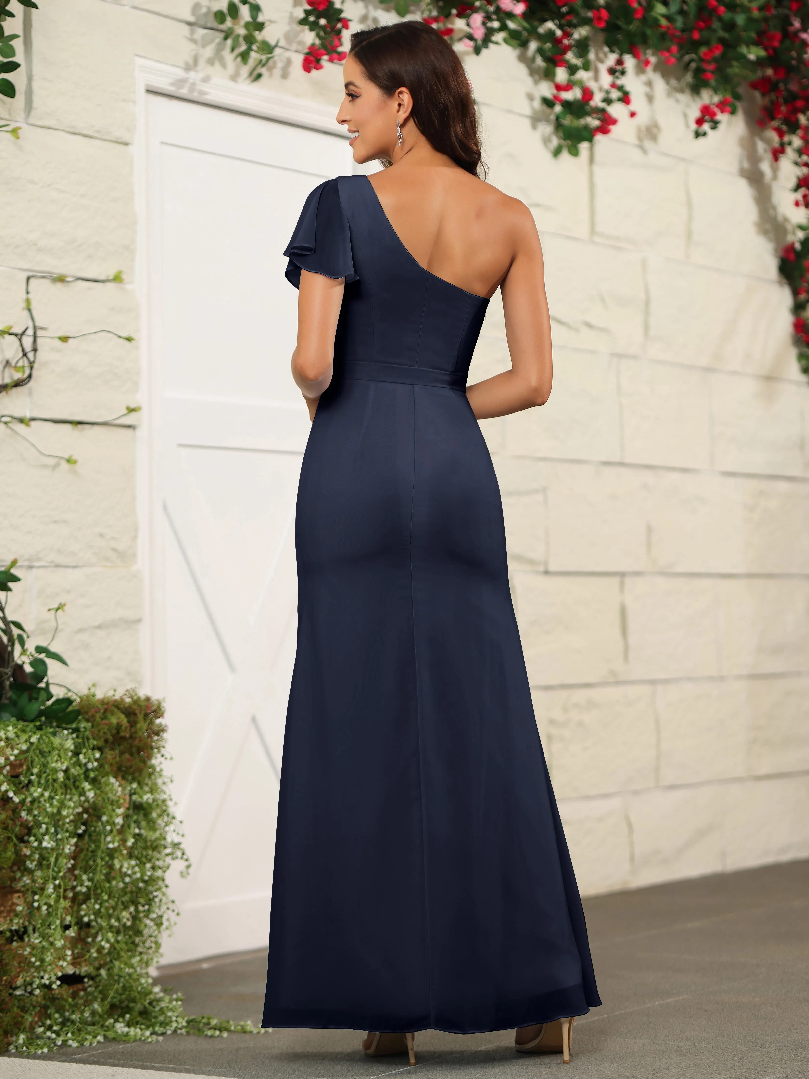 One Shoulder Chiffon Long Bridesmaid Dress with Slit