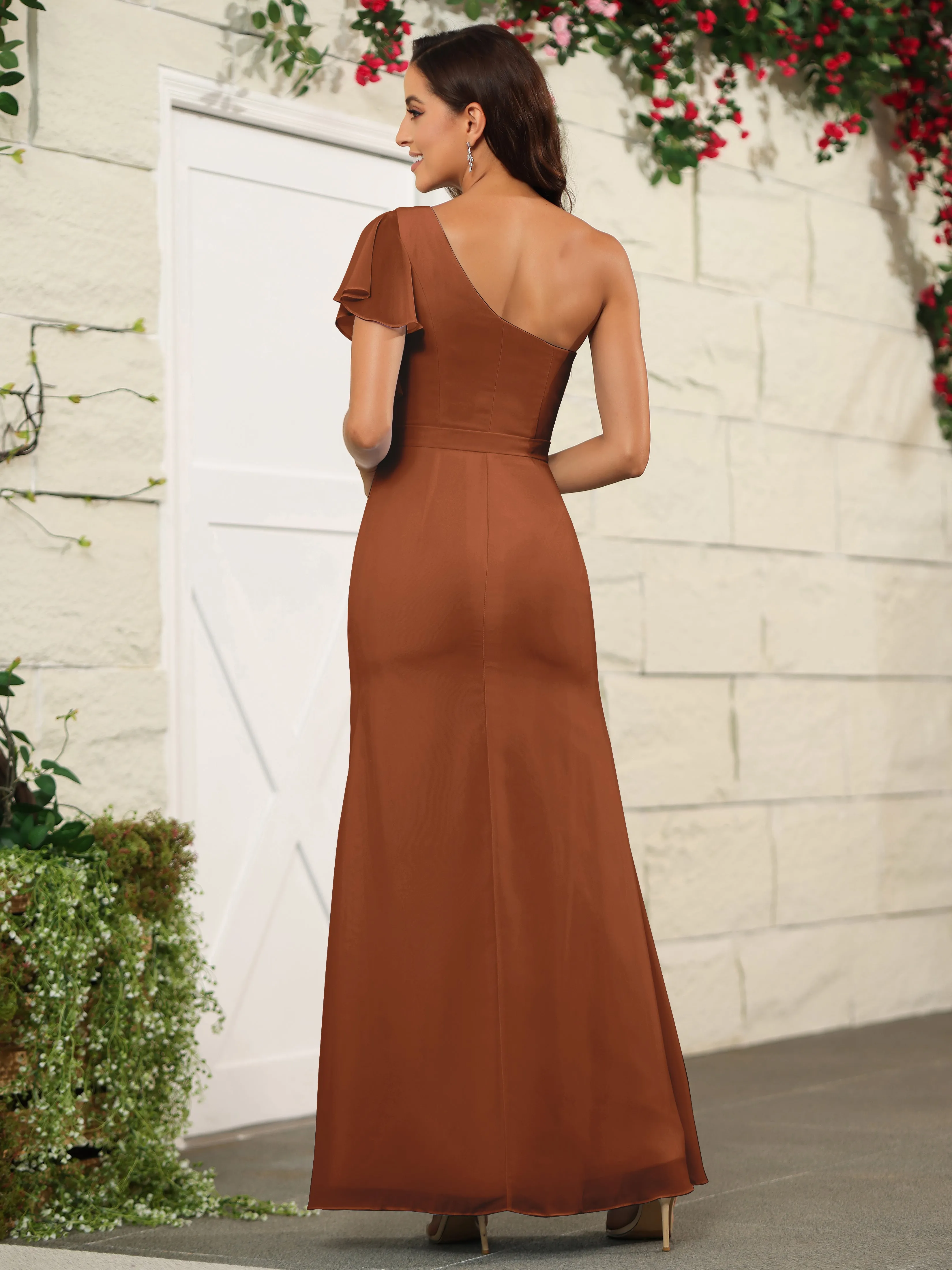One Shoulder Chiffon Long Bridesmaid Dress with Slit
