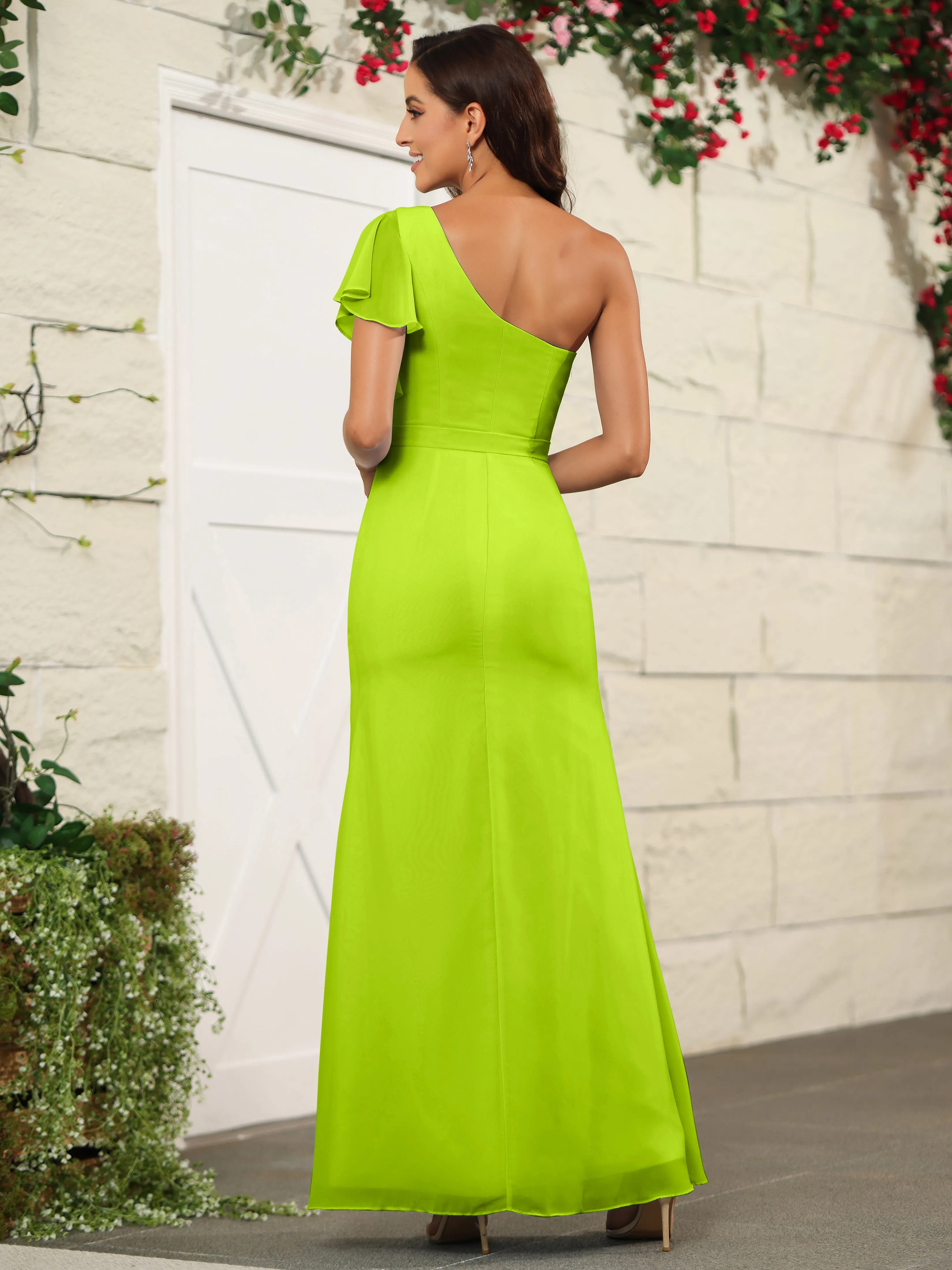One Shoulder Chiffon Long Bridesmaid Dress with Slit
