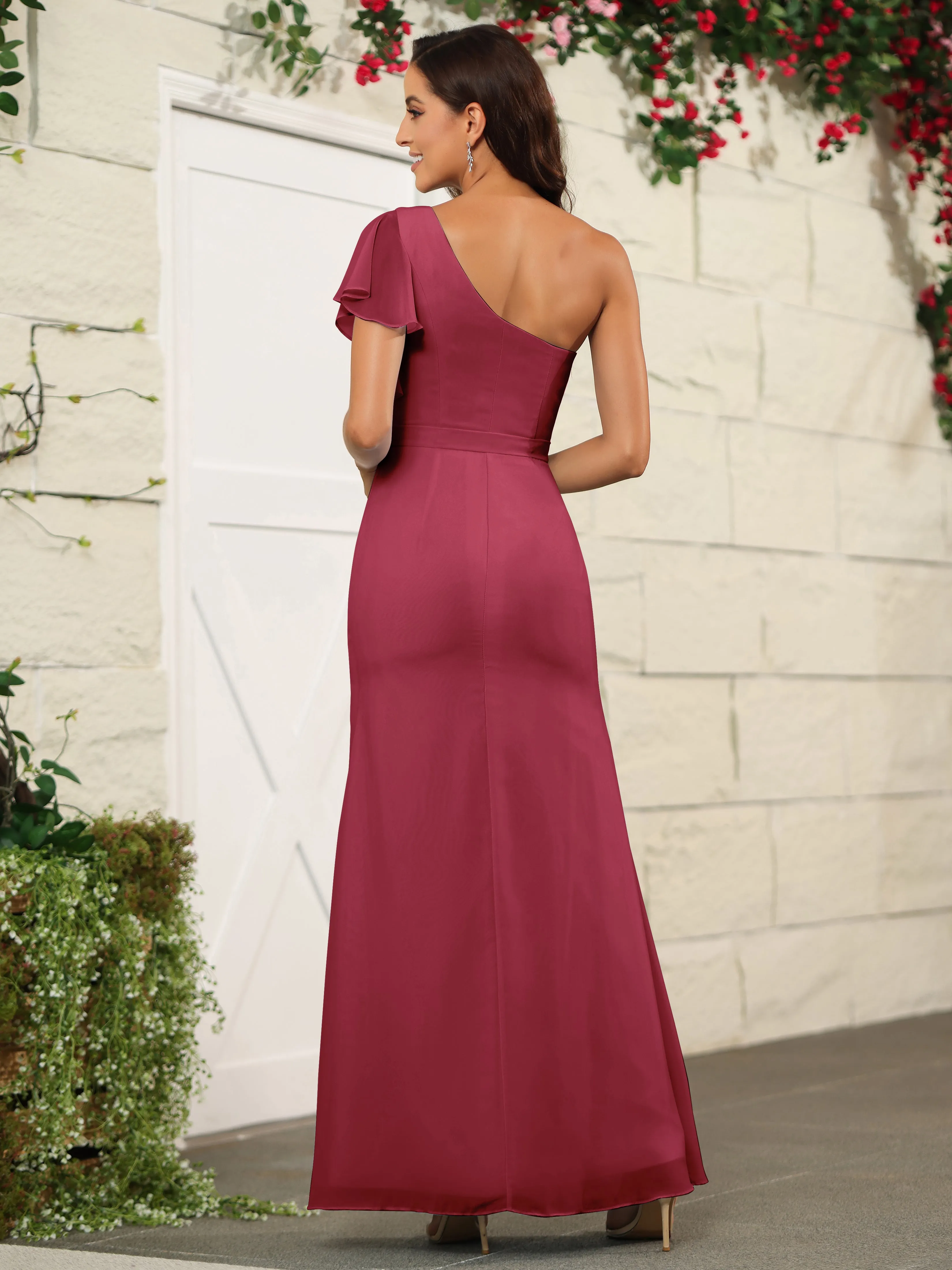 One Shoulder Chiffon Long Bridesmaid Dress with Slit