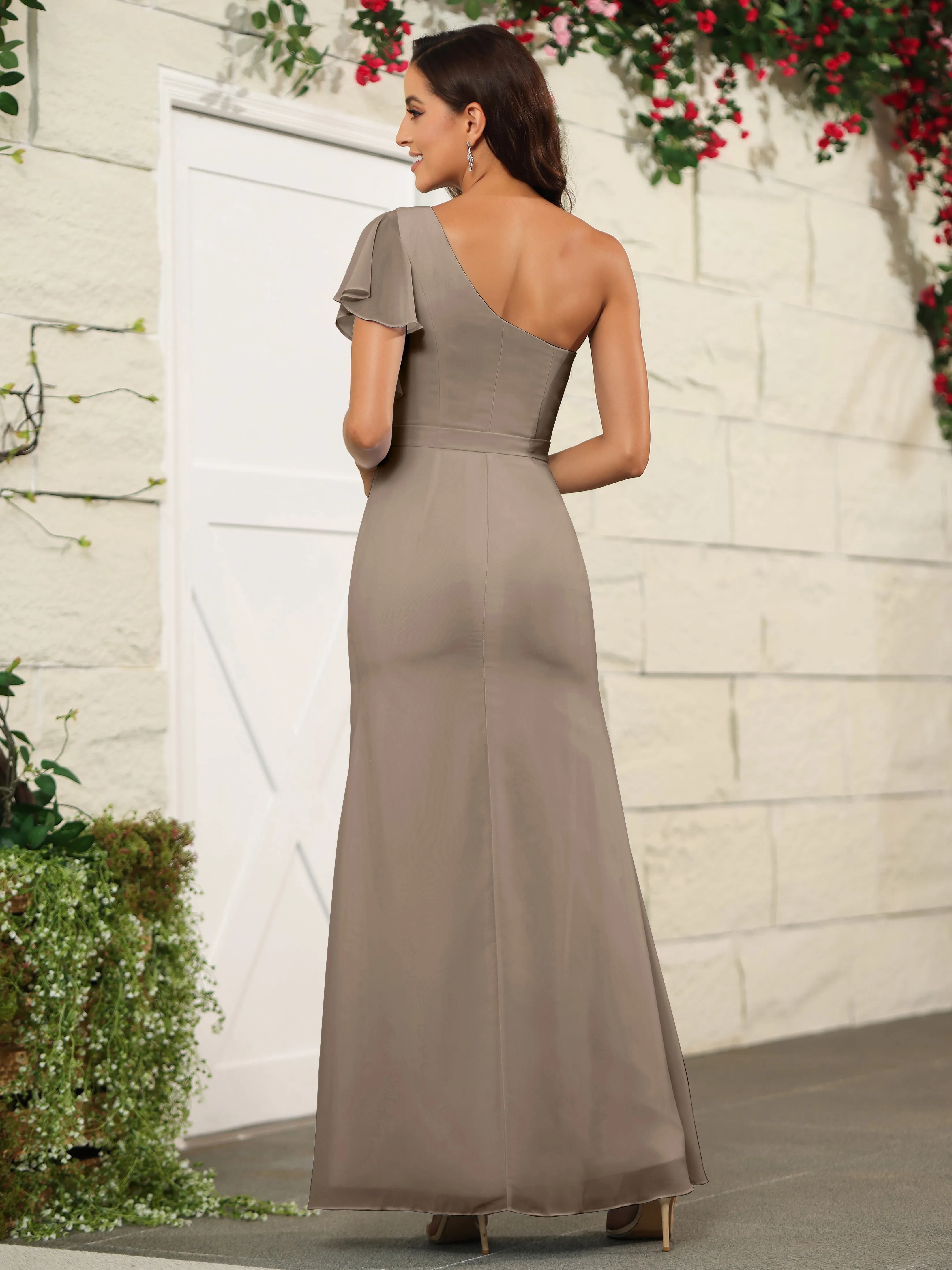 One Shoulder Chiffon Long Bridesmaid Dress with Slit