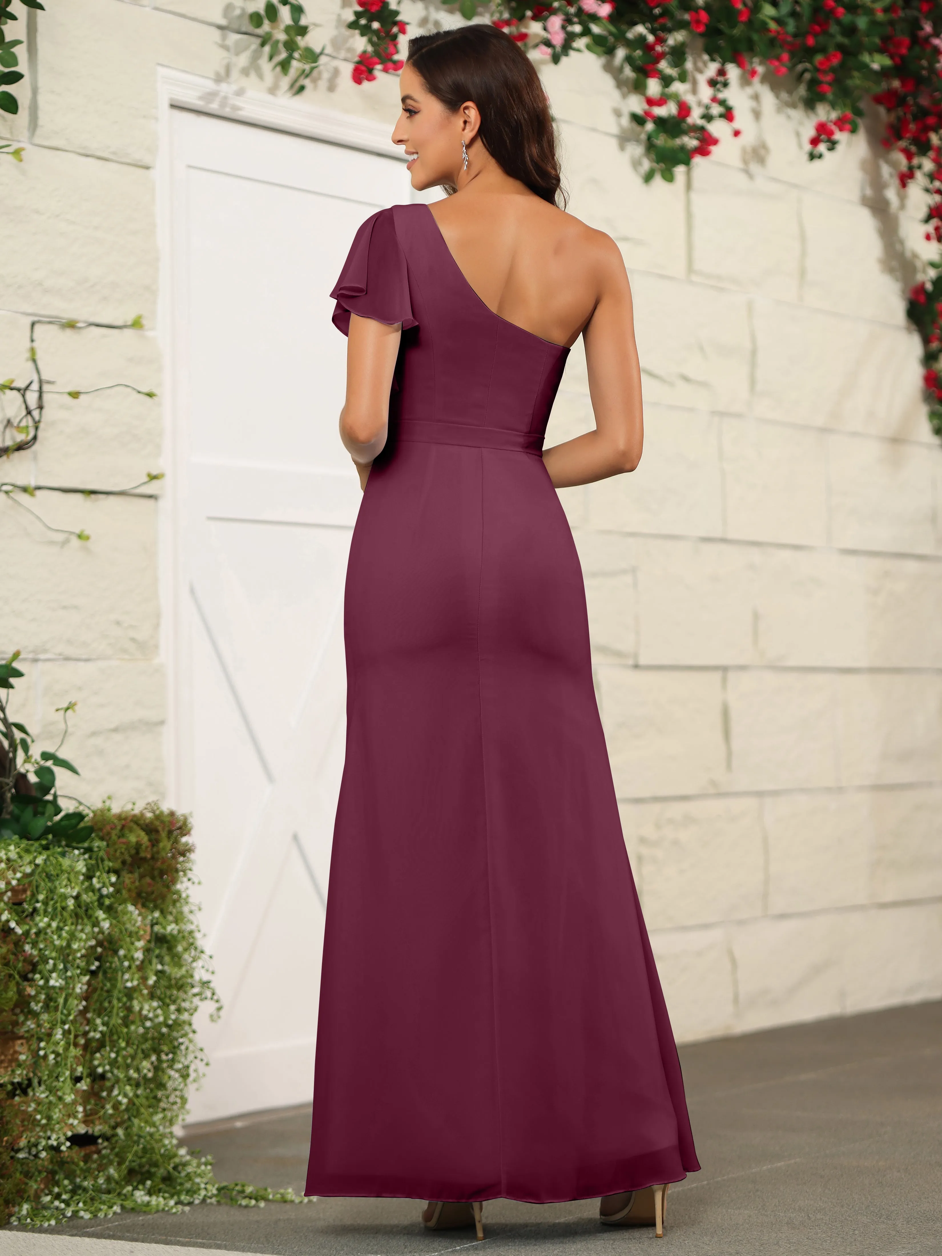 One Shoulder Chiffon Long Bridesmaid Dress with Slit