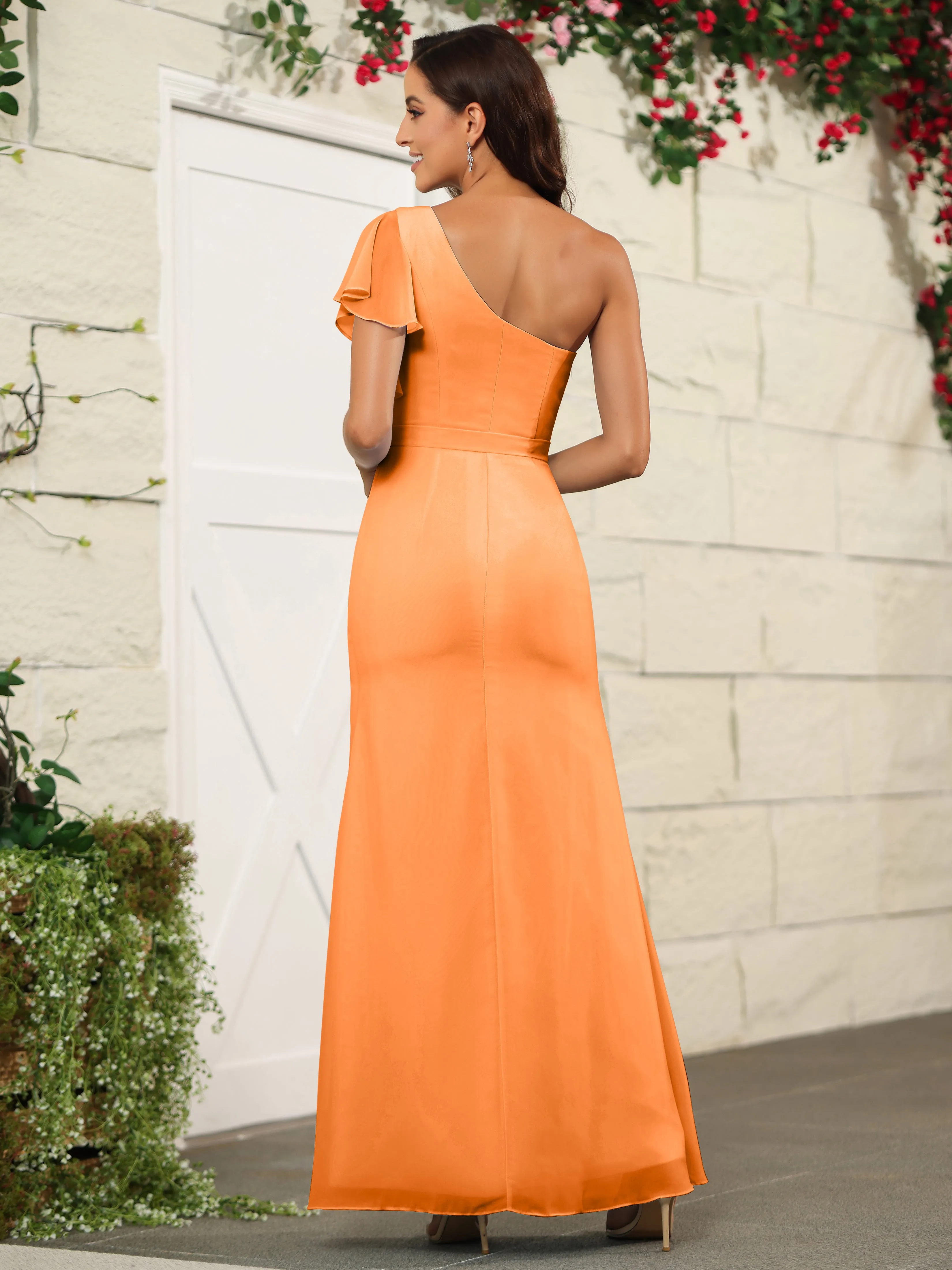 One Shoulder Chiffon Long Bridesmaid Dress with Slit