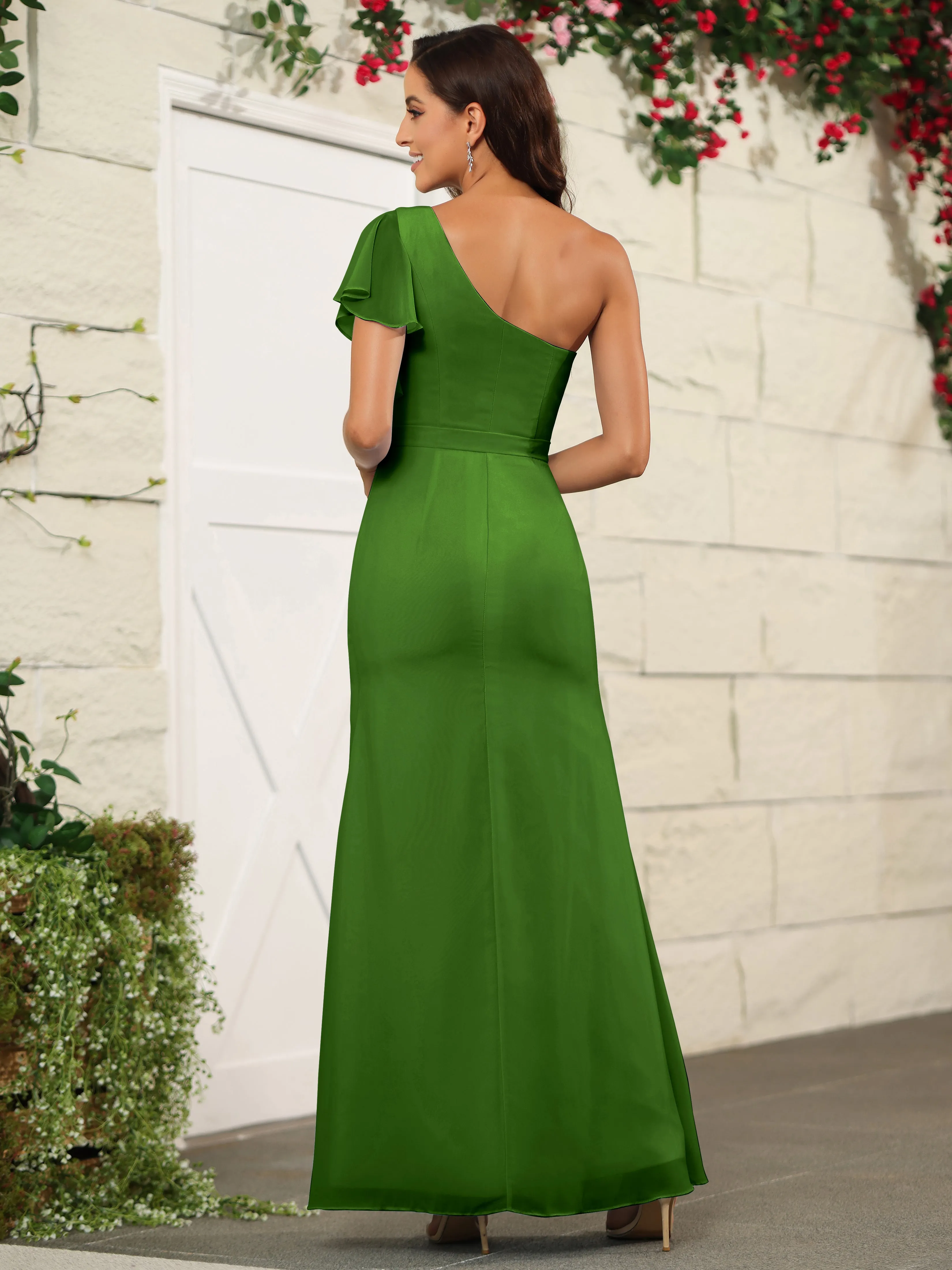 One Shoulder Chiffon Long Bridesmaid Dress with Slit