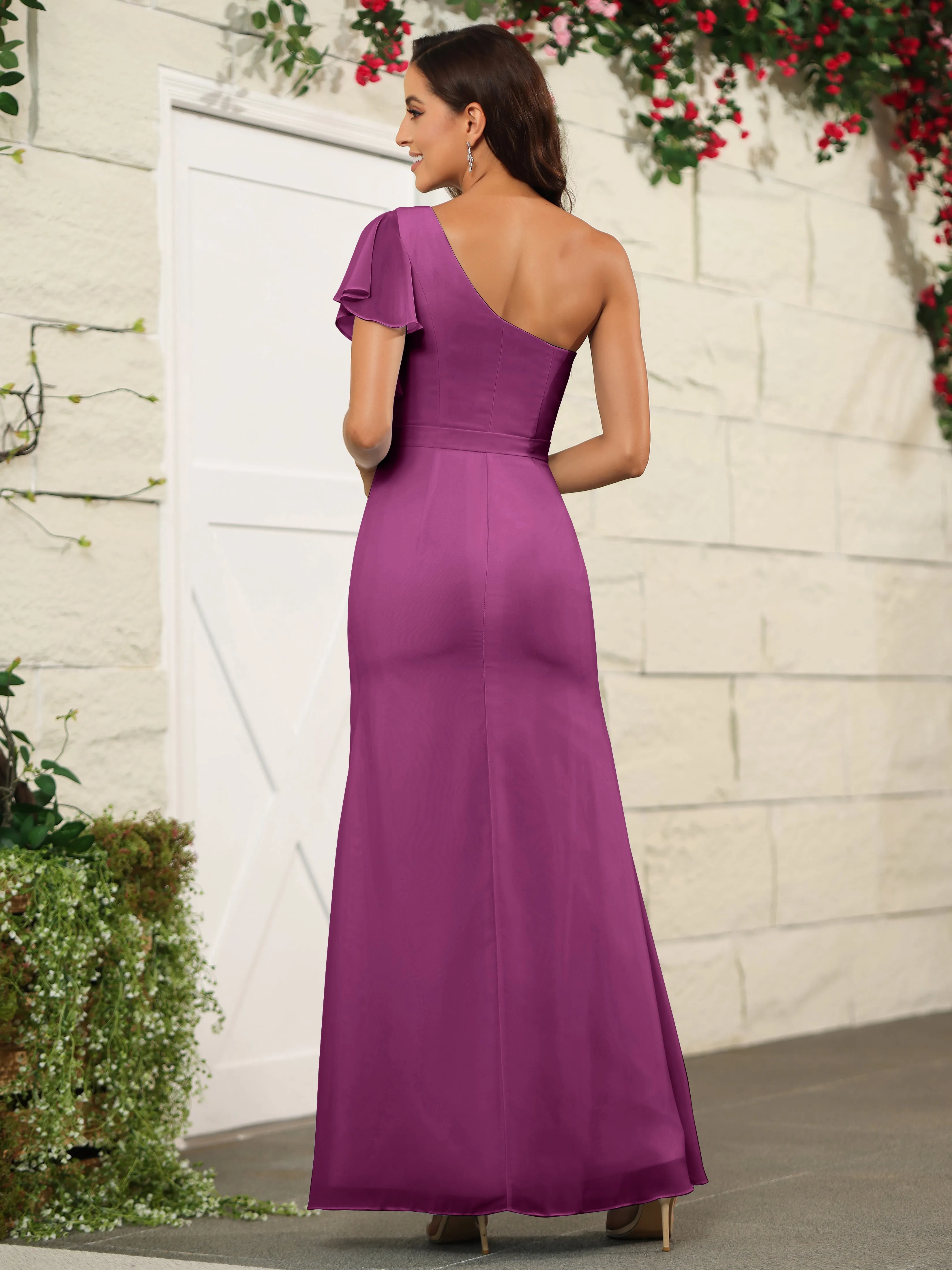 One Shoulder Chiffon Long Bridesmaid Dress with Slit