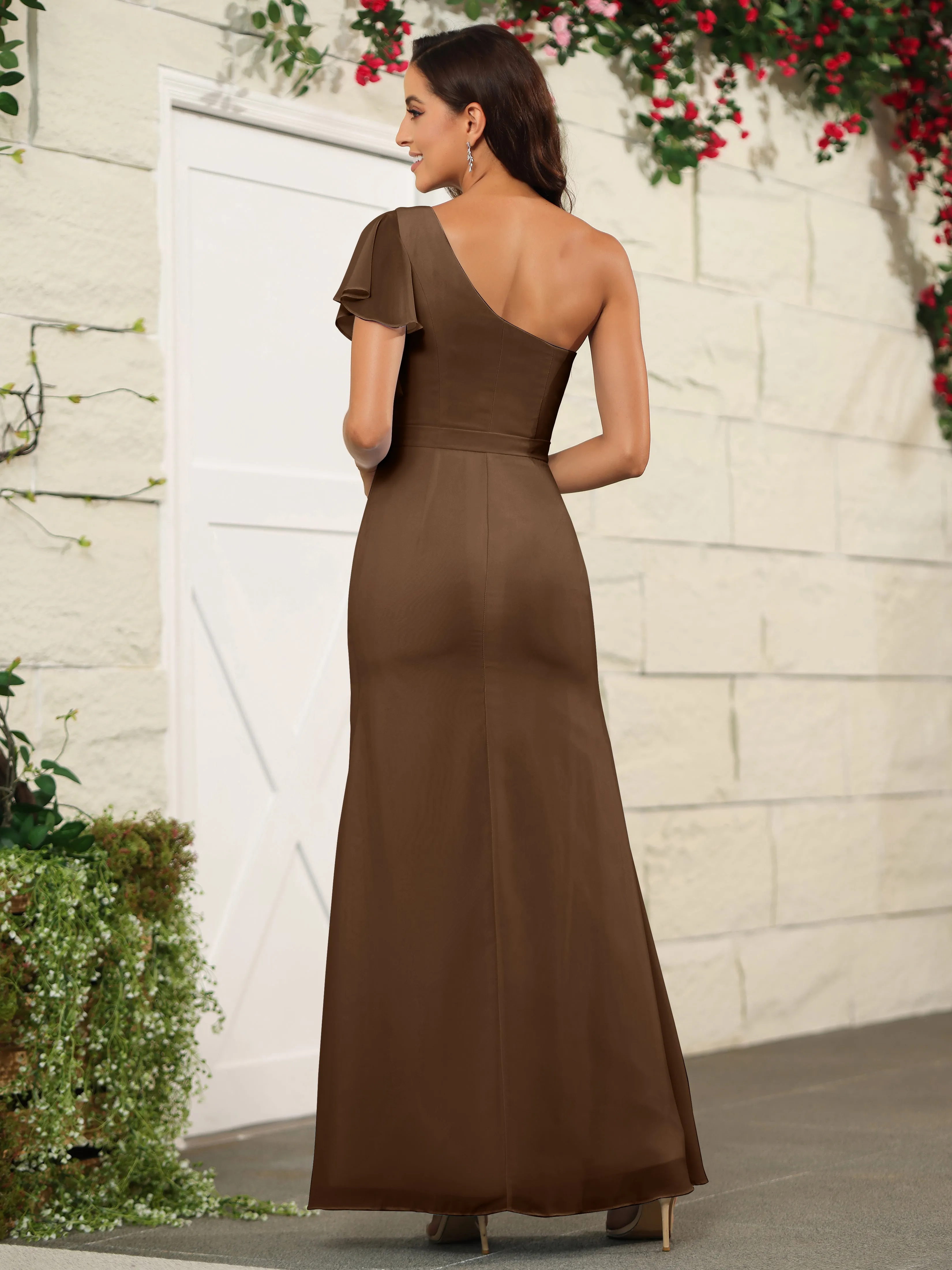 One Shoulder Chiffon Long Bridesmaid Dress with Slit