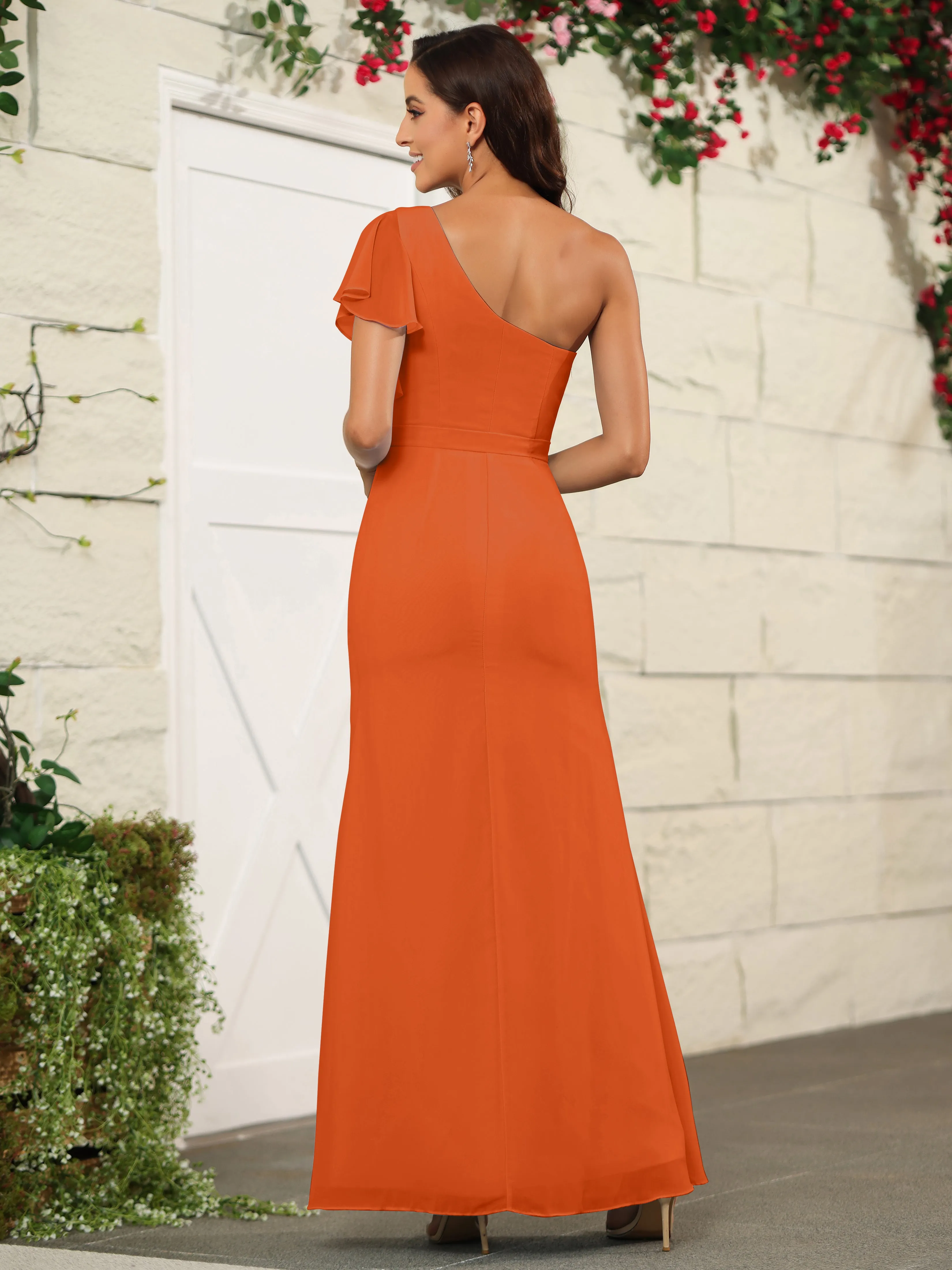 One Shoulder Chiffon Long Bridesmaid Dress with Slit