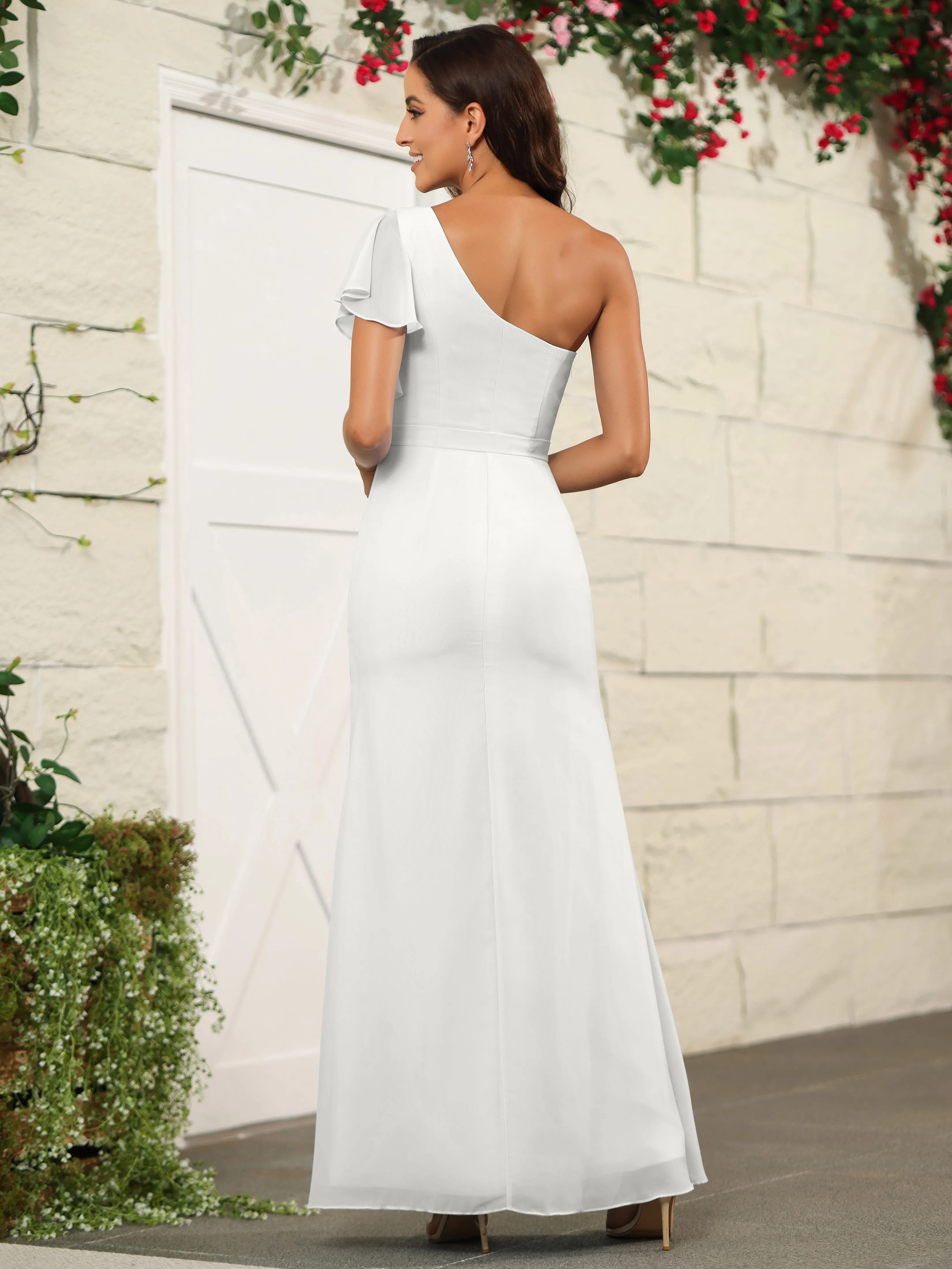 One Shoulder Chiffon Long Bridesmaid Dress with Slit