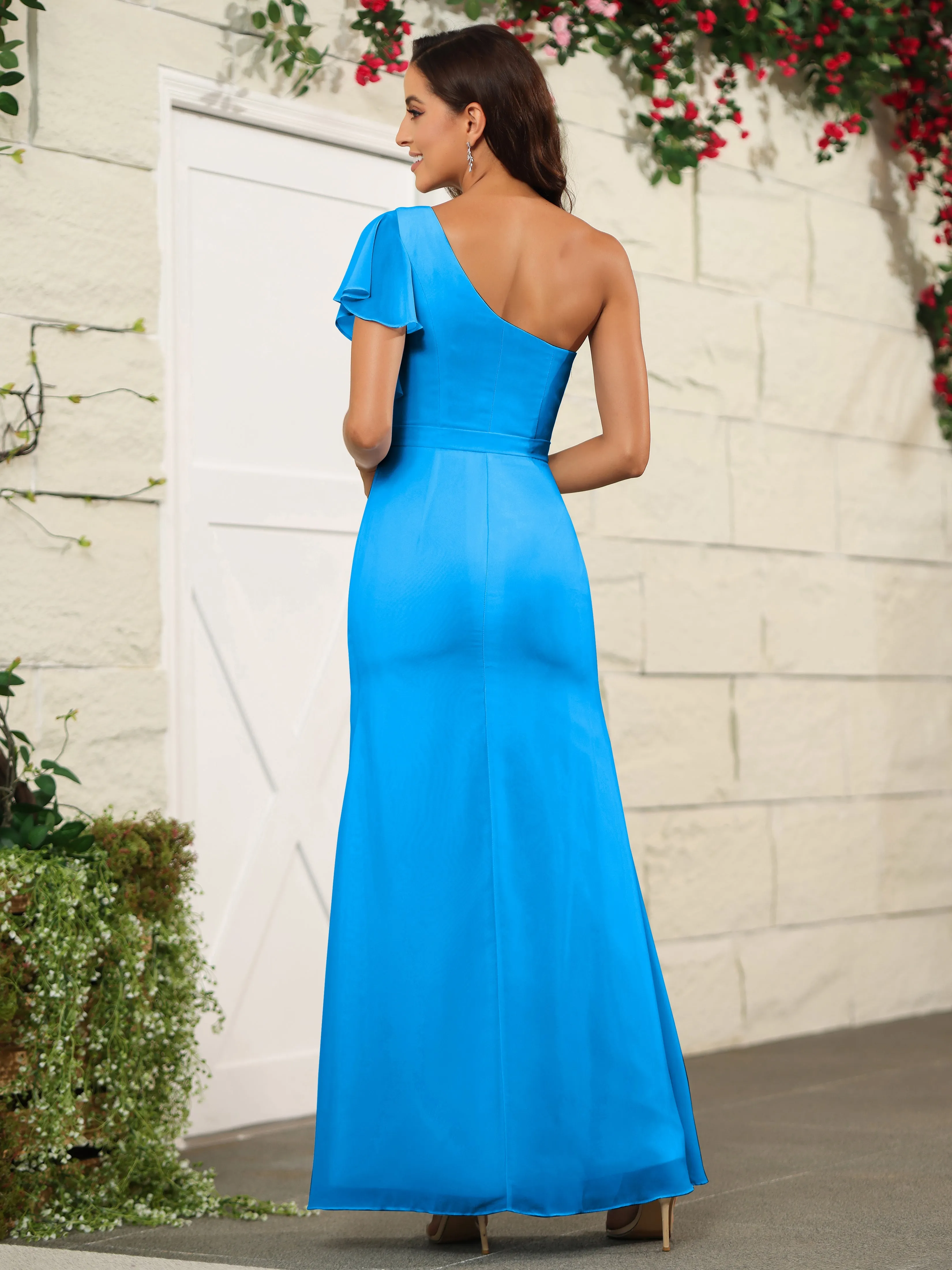 One Shoulder Chiffon Long Bridesmaid Dress with Slit