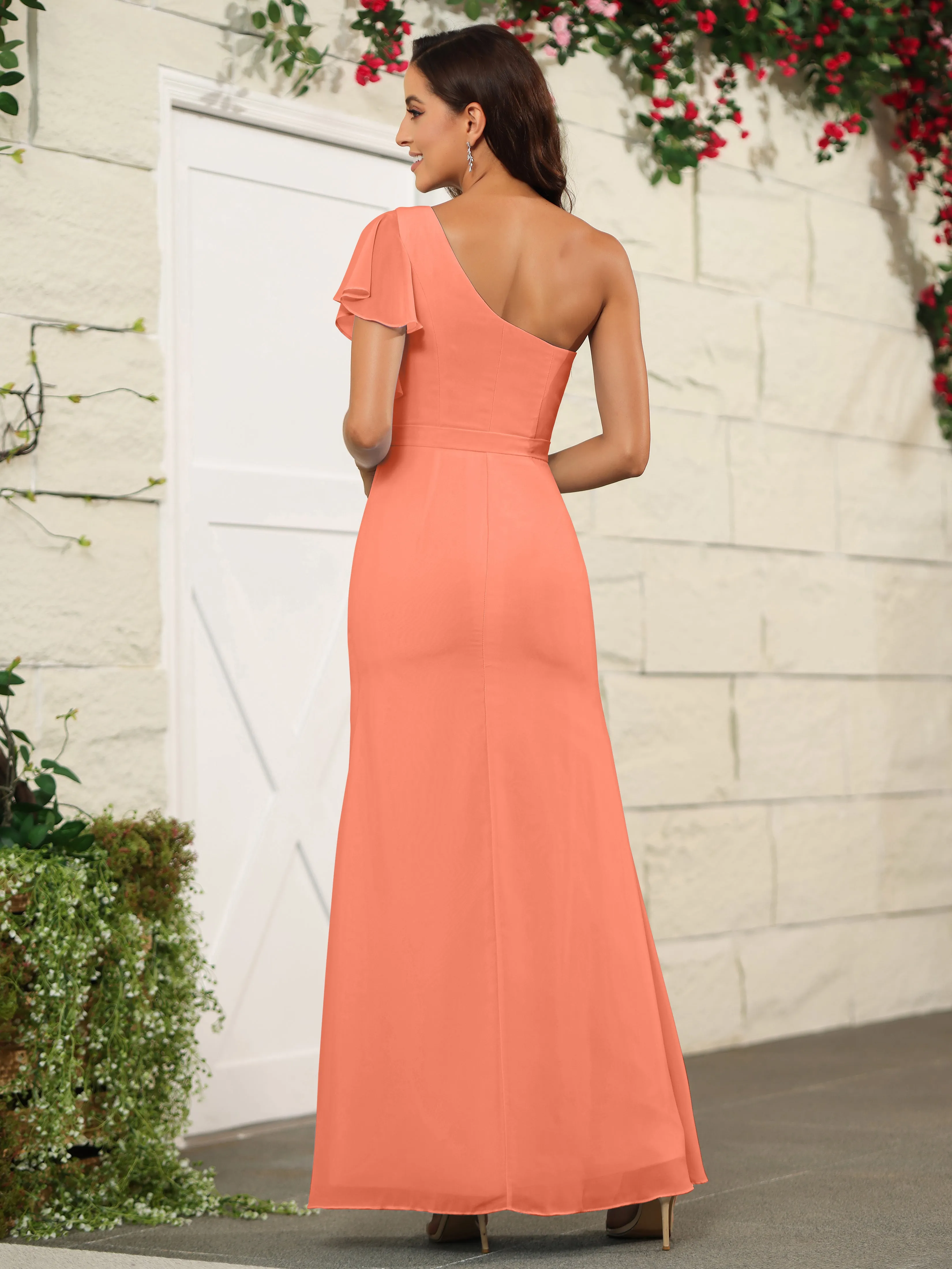 One Shoulder Chiffon Long Bridesmaid Dress with Slit