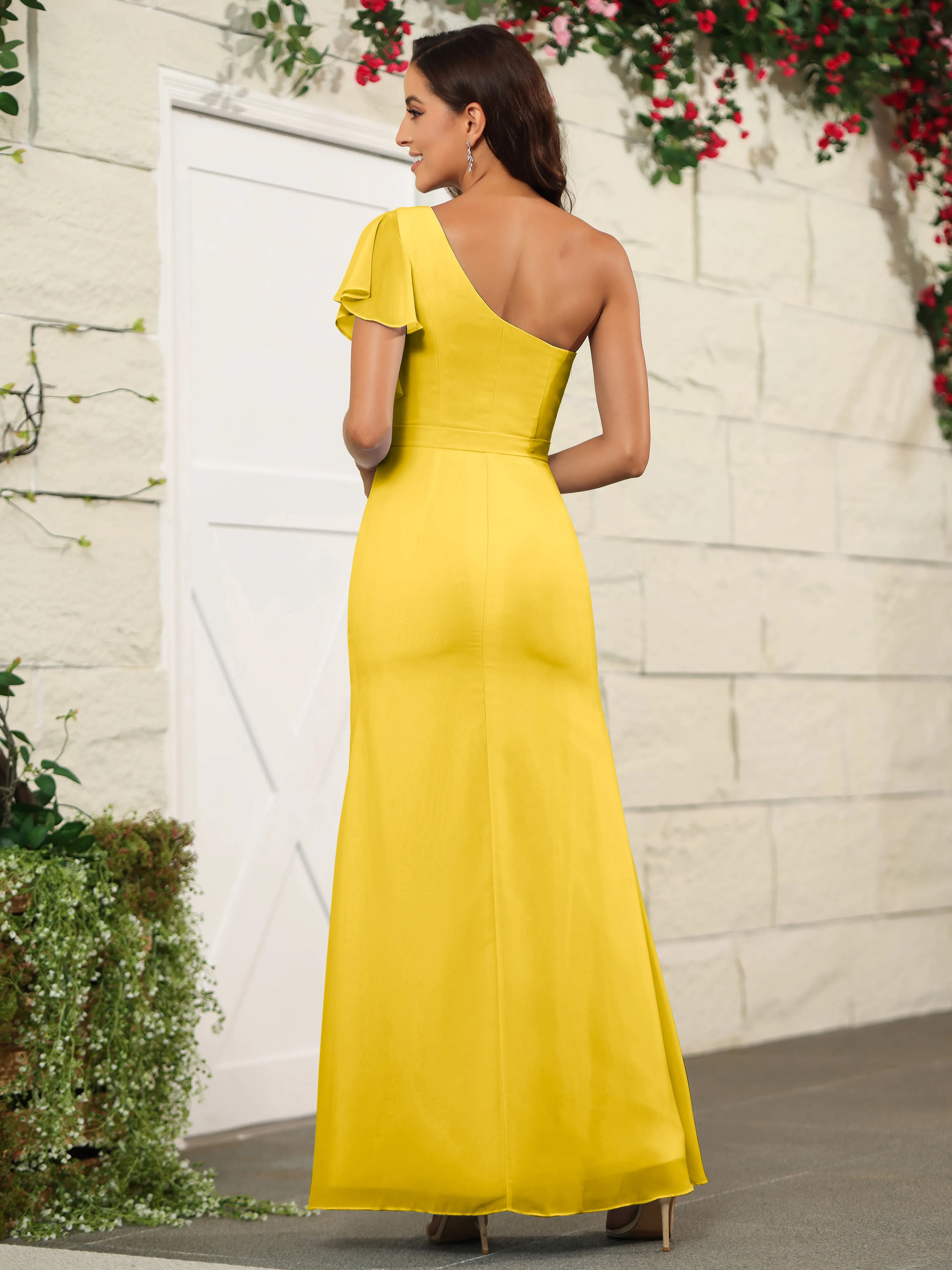 One Shoulder Chiffon Long Bridesmaid Dress with Slit