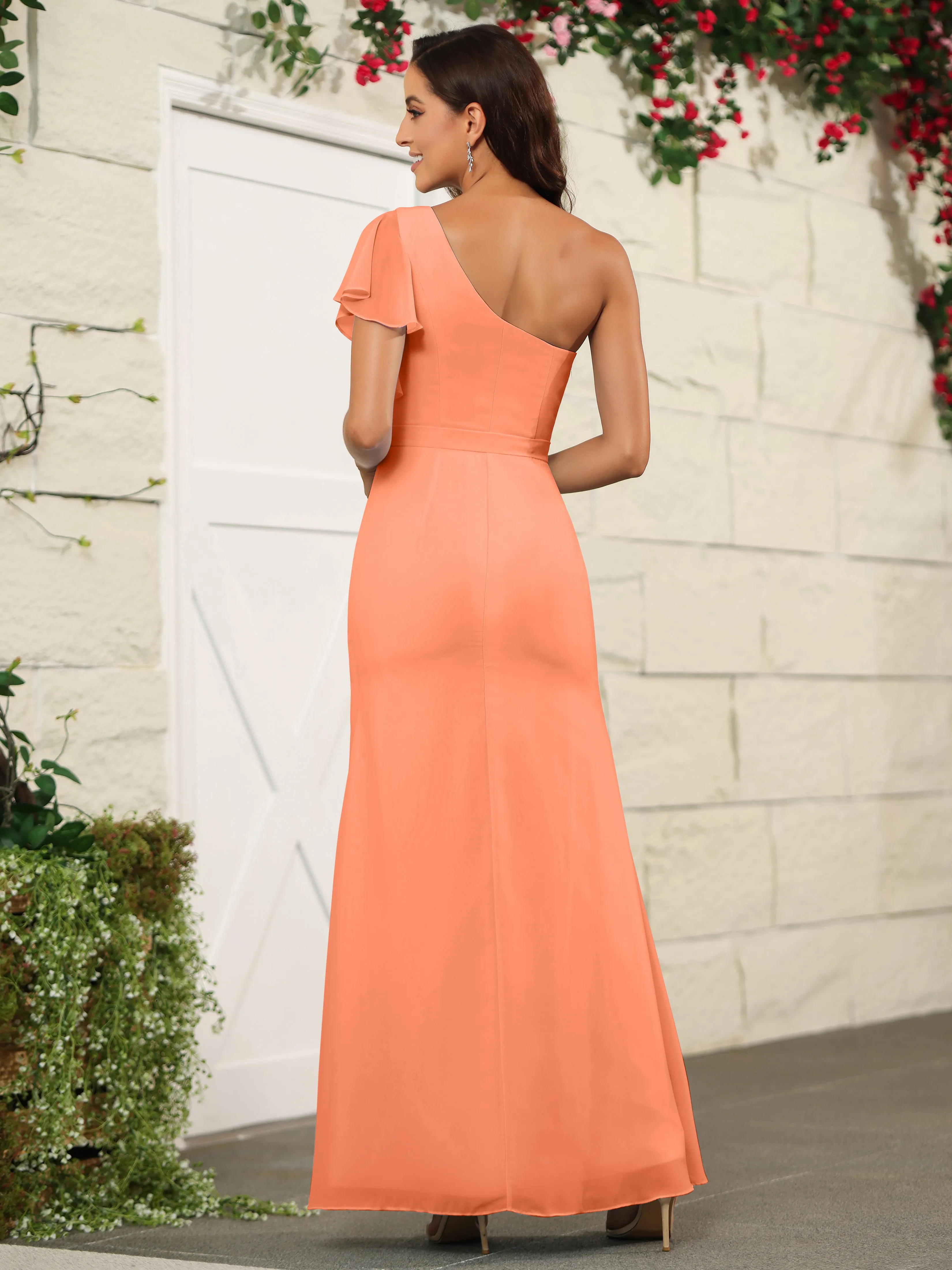 One Shoulder Chiffon Long Bridesmaid Dress with Slit