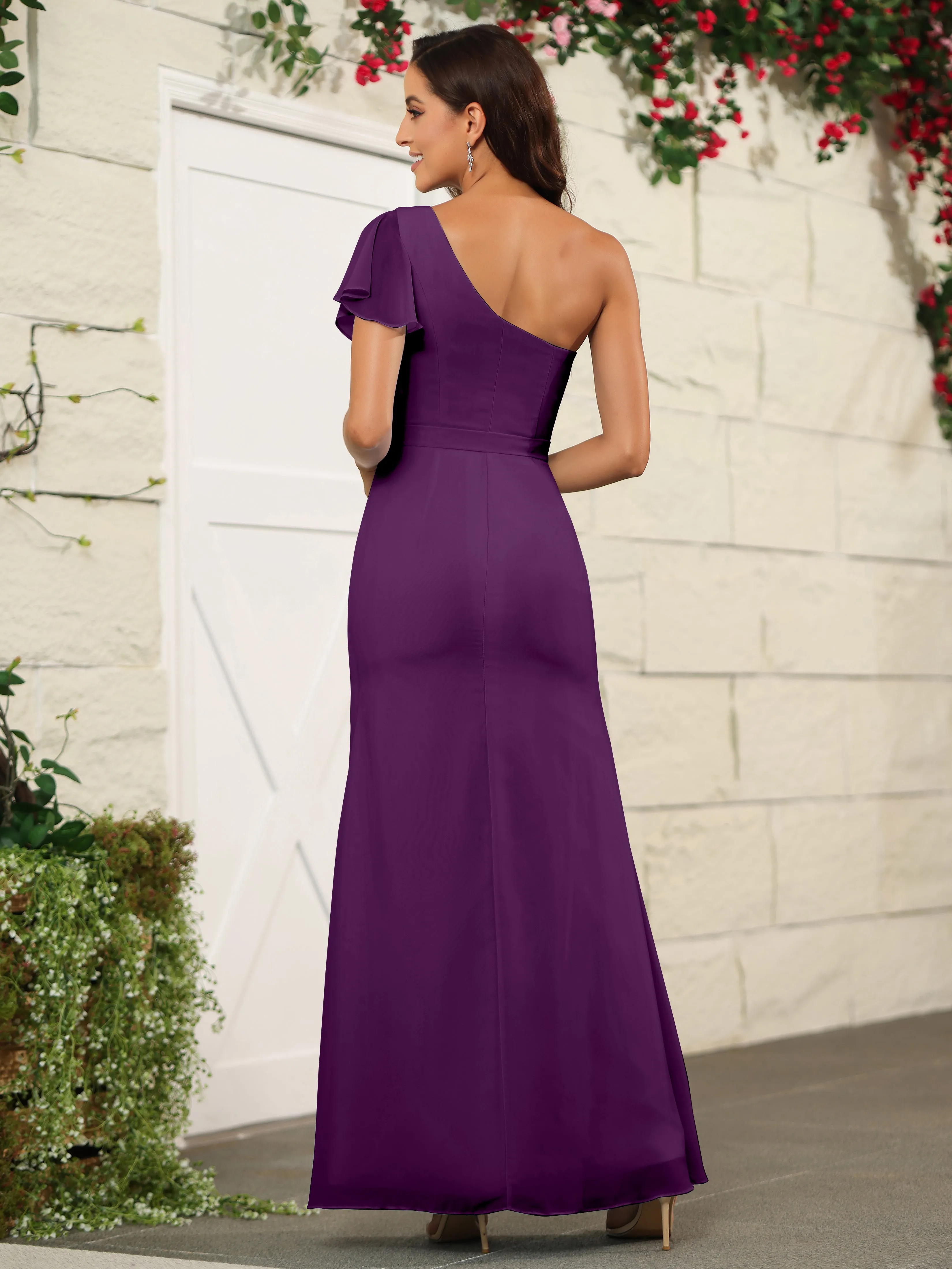 One Shoulder Chiffon Long Bridesmaid Dress with Slit