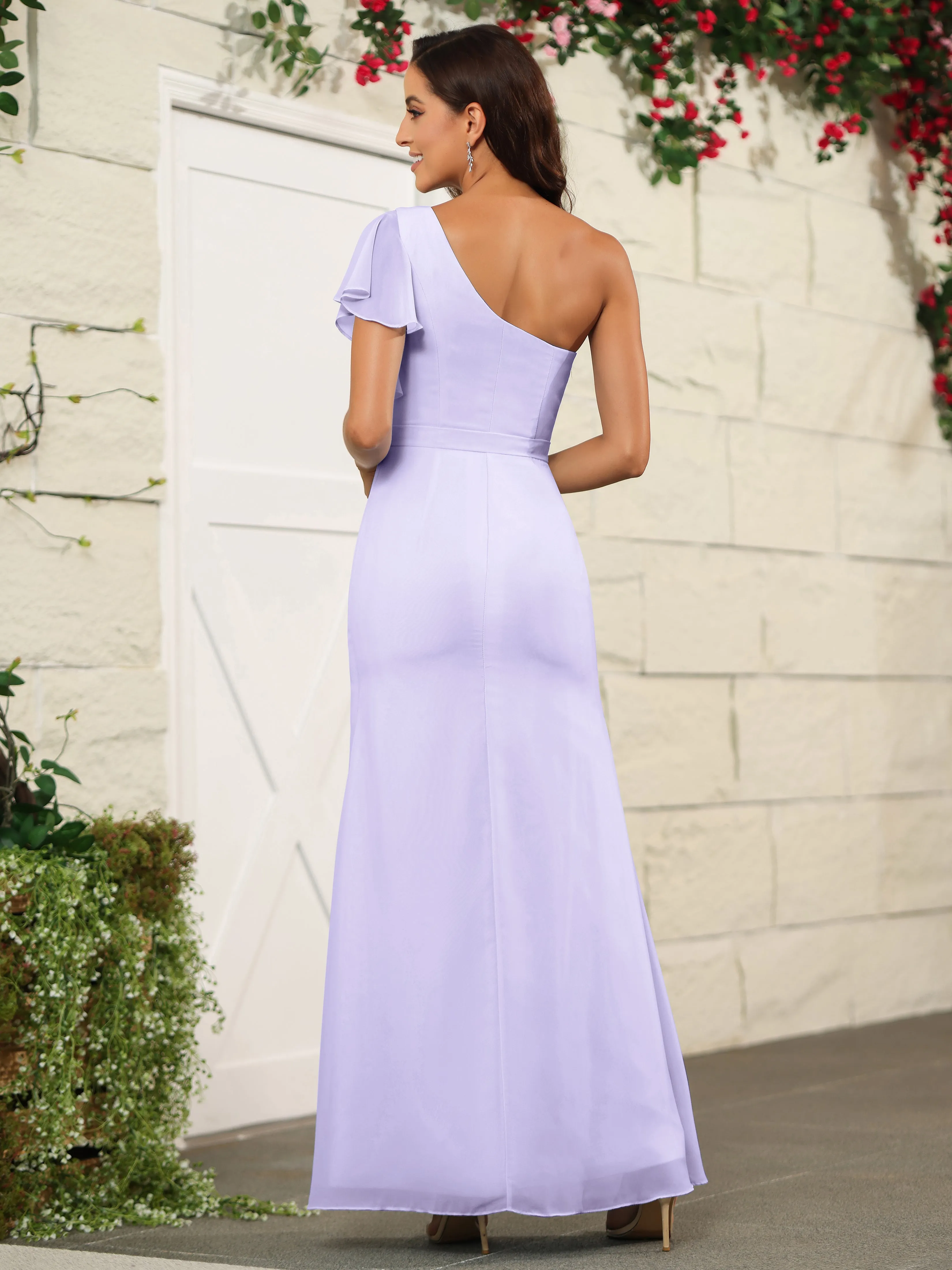 One Shoulder Chiffon Long Bridesmaid Dress with Slit