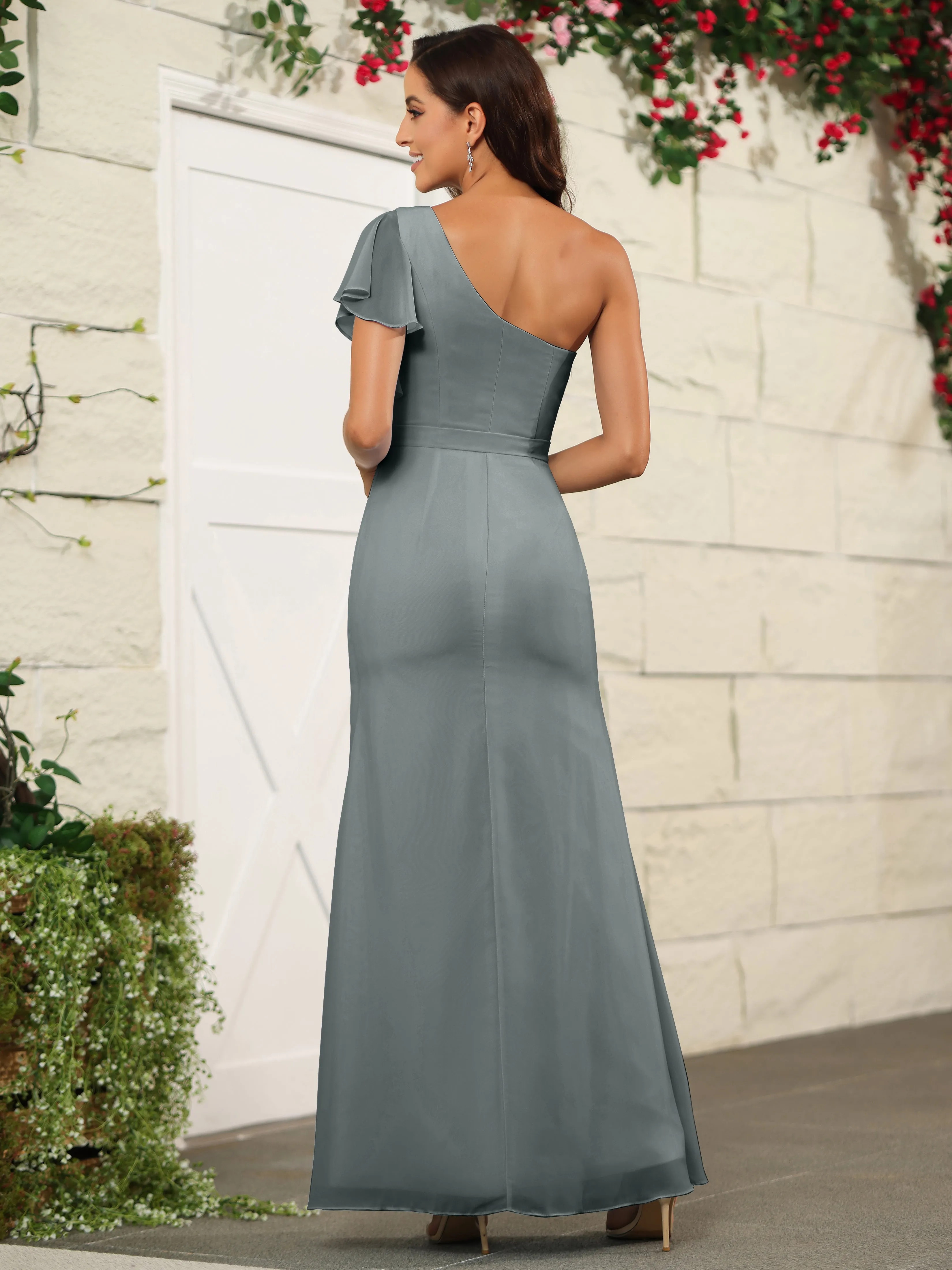 One Shoulder Chiffon Long Bridesmaid Dress with Slit