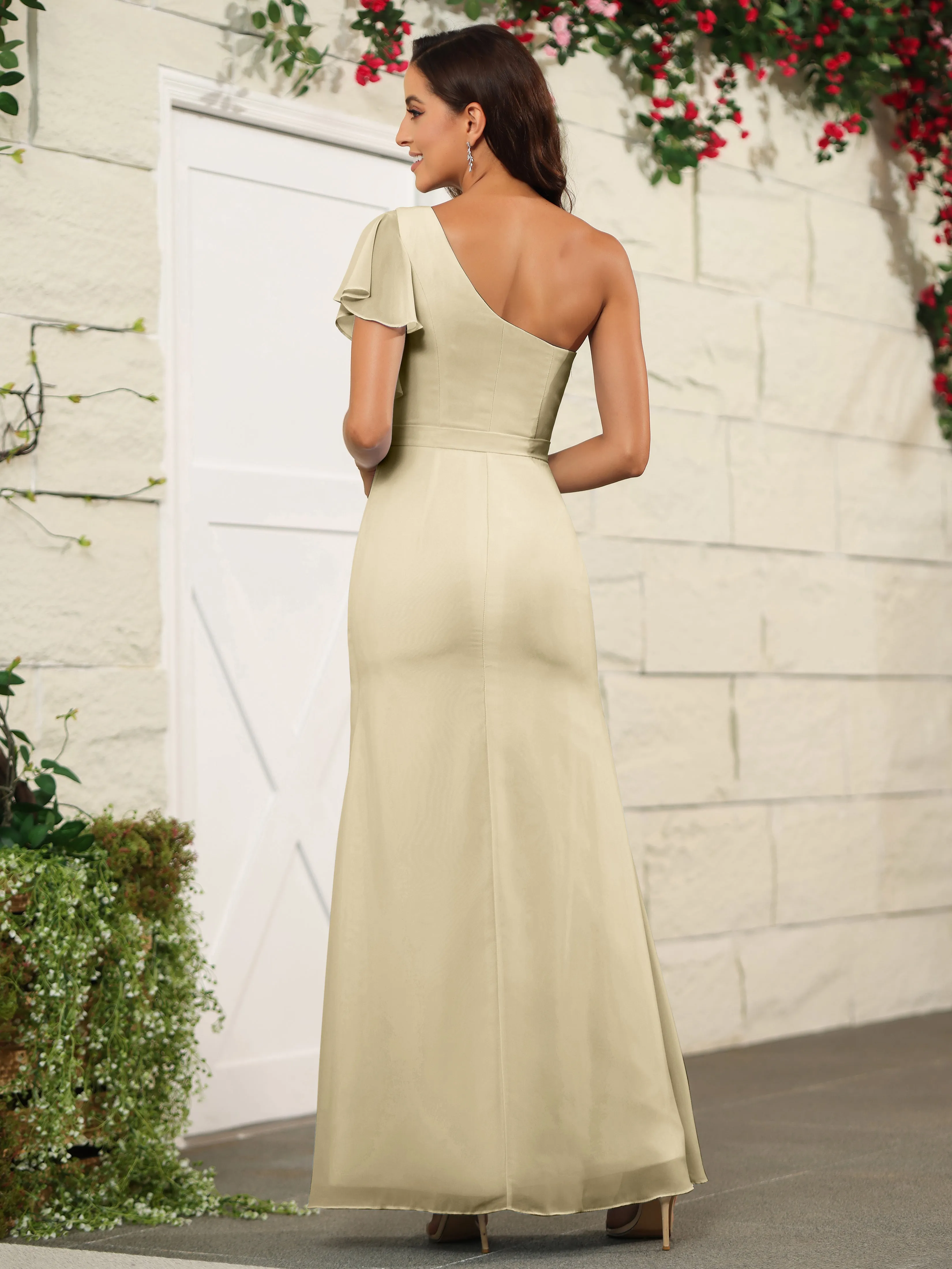 One Shoulder Chiffon Long Bridesmaid Dress with Slit