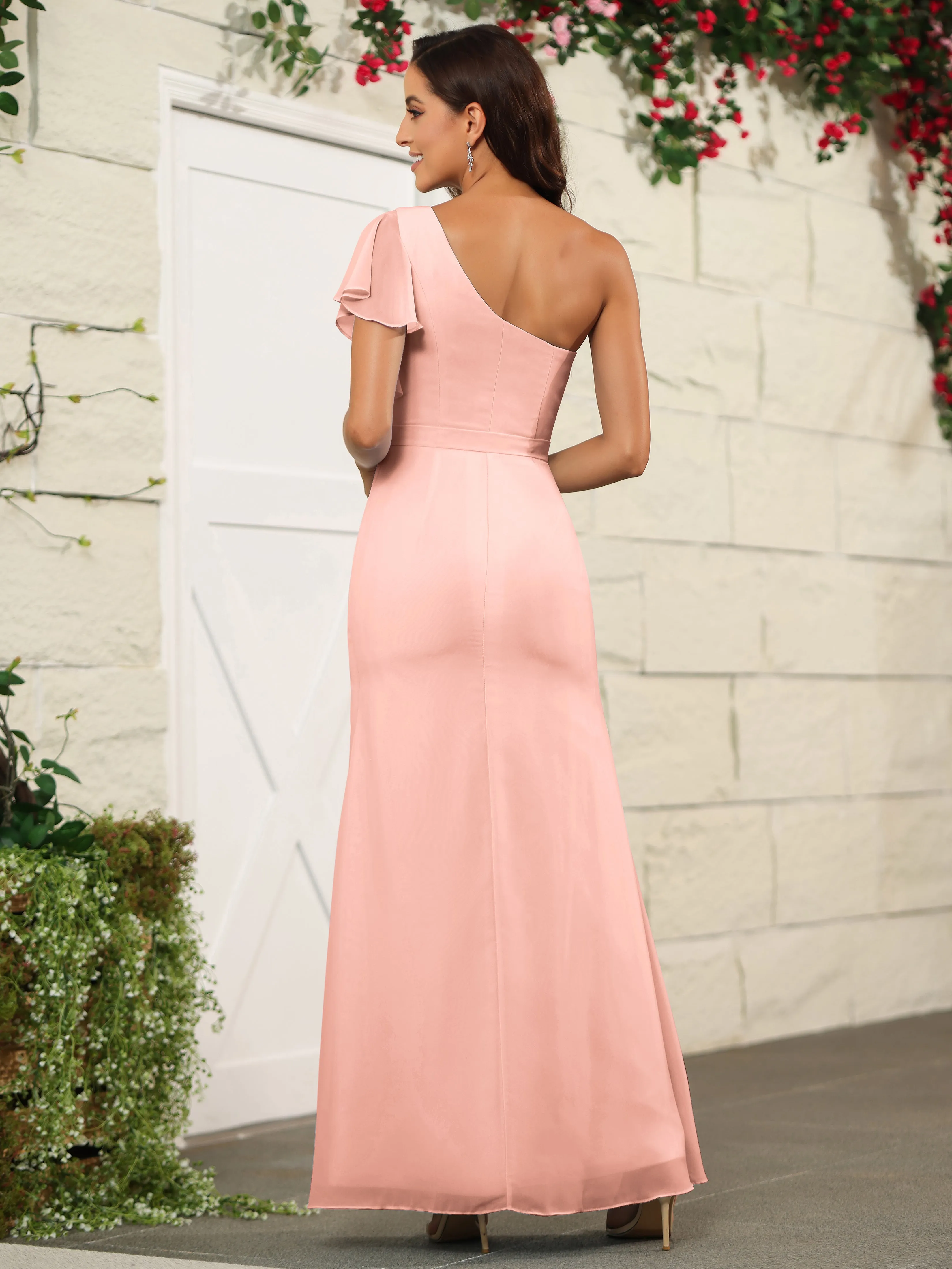 One Shoulder Chiffon Long Bridesmaid Dress with Slit
