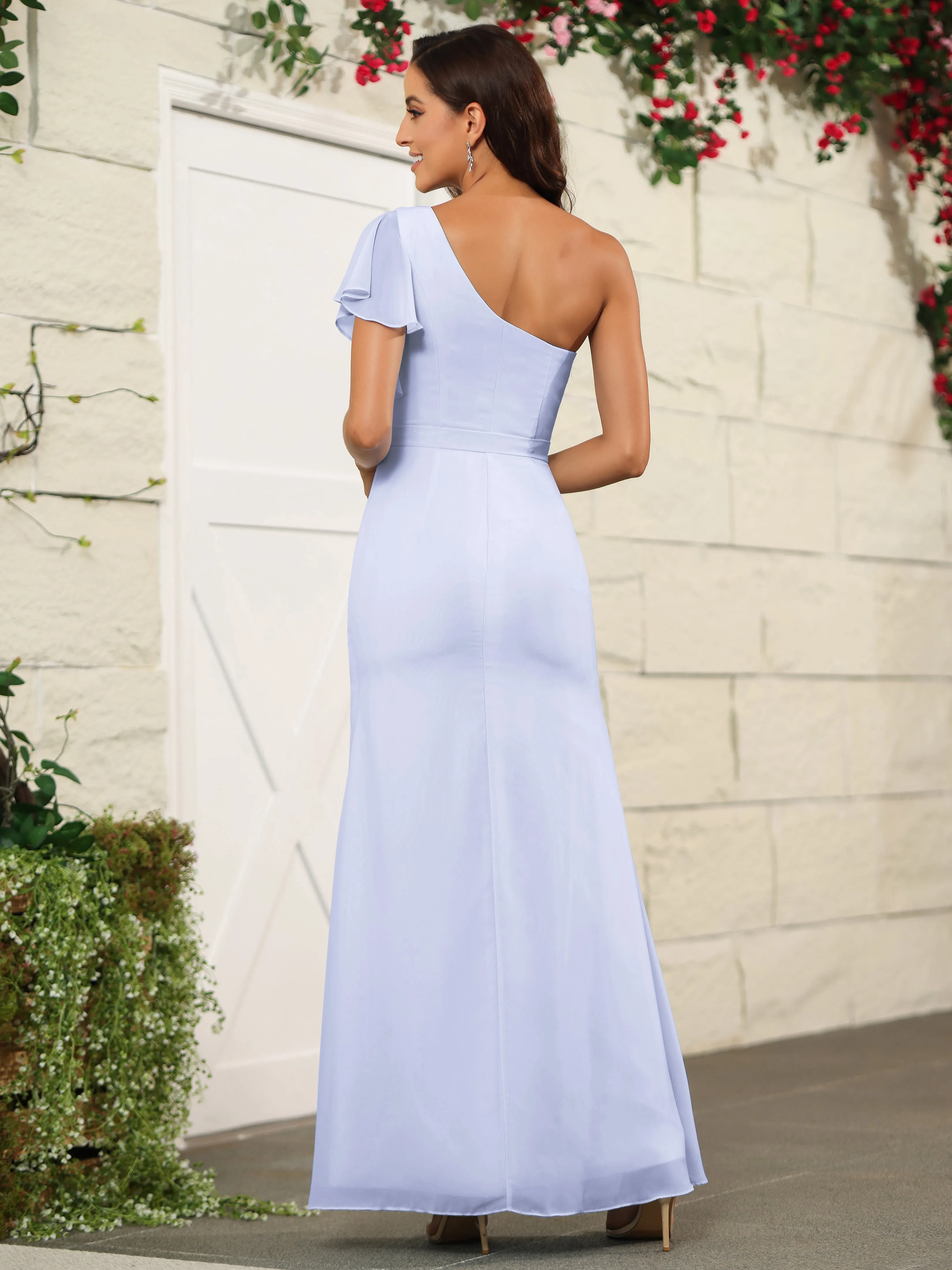 One Shoulder Chiffon Long Bridesmaid Dress with Slit