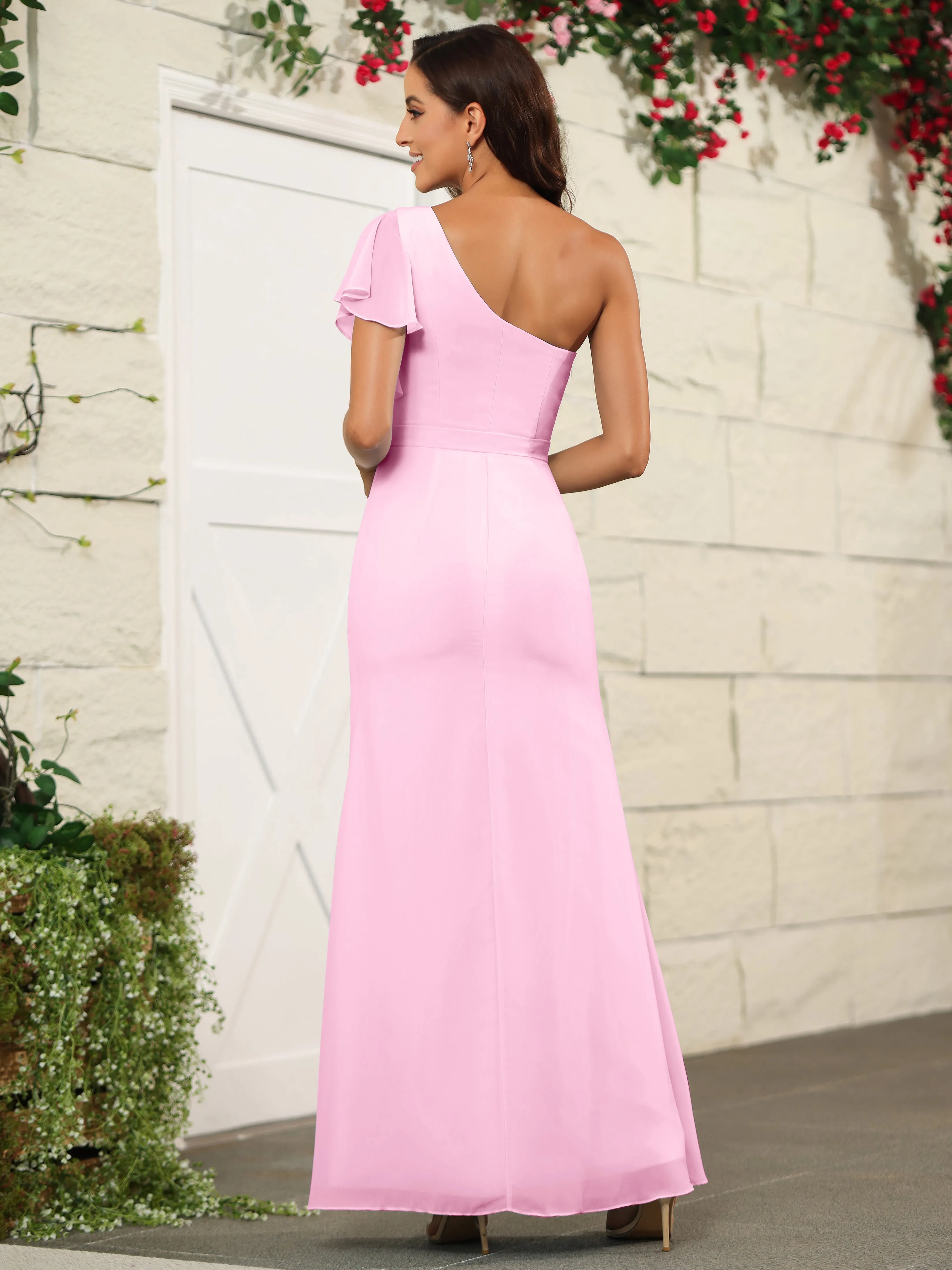 One Shoulder Chiffon Long Bridesmaid Dress with Slit