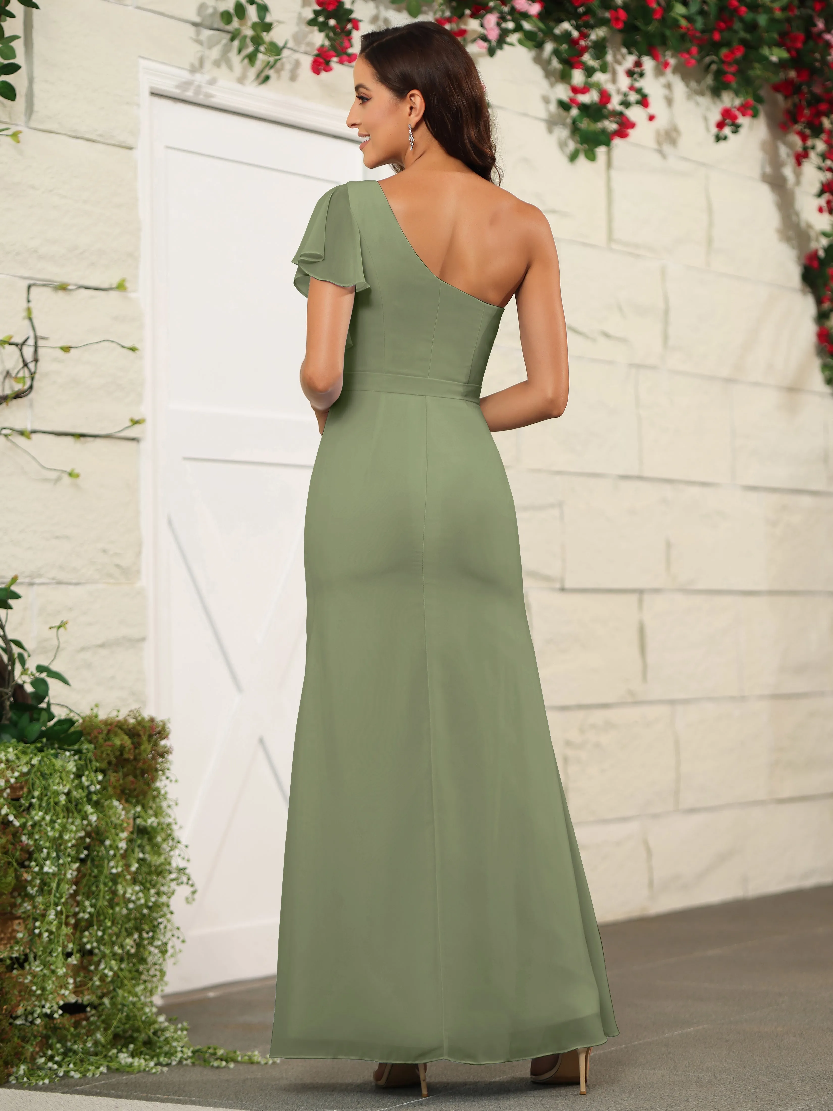 One Shoulder Chiffon Long Bridesmaid Dress with Slit
