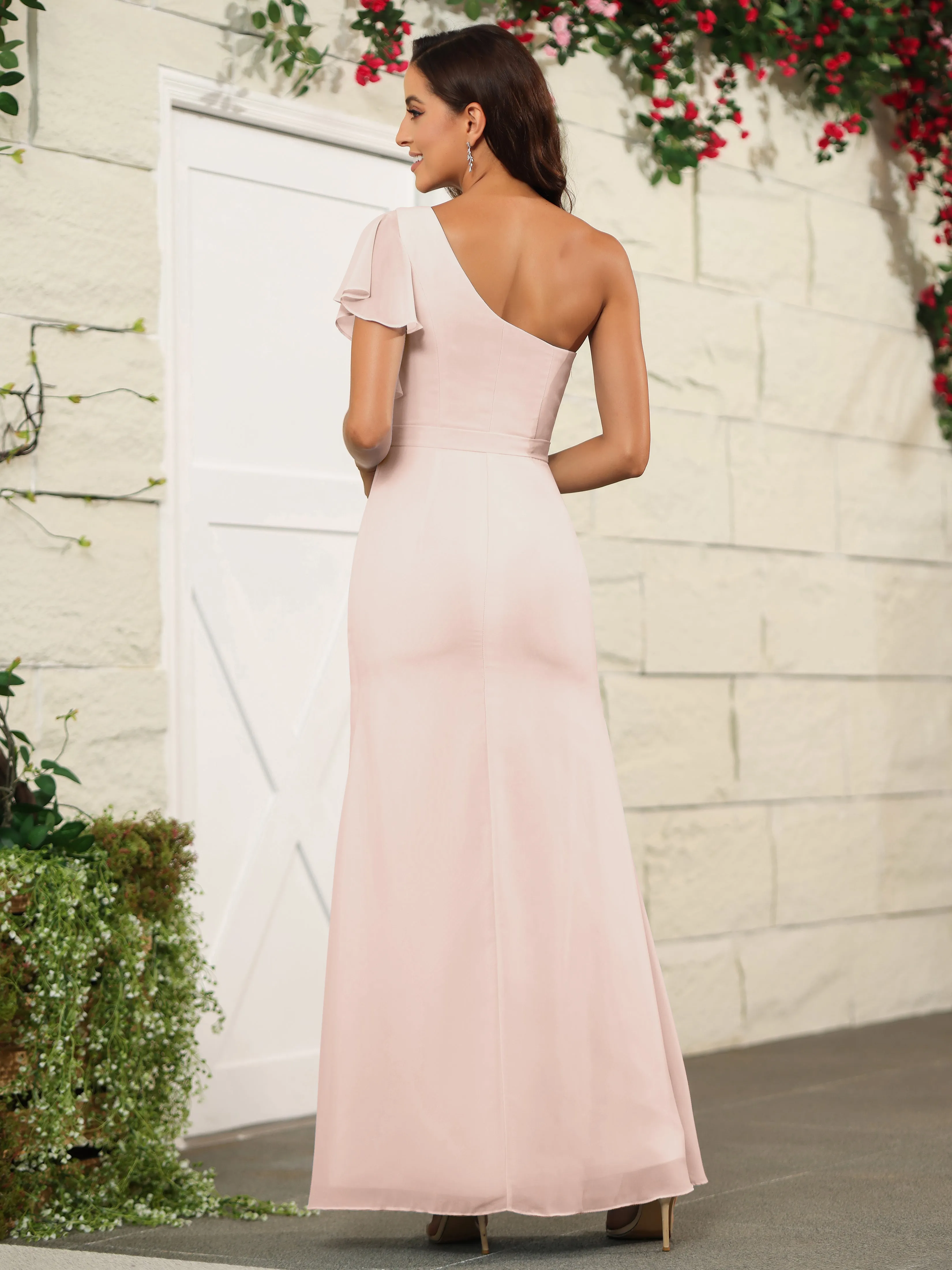 One Shoulder Chiffon Long Bridesmaid Dress with Slit