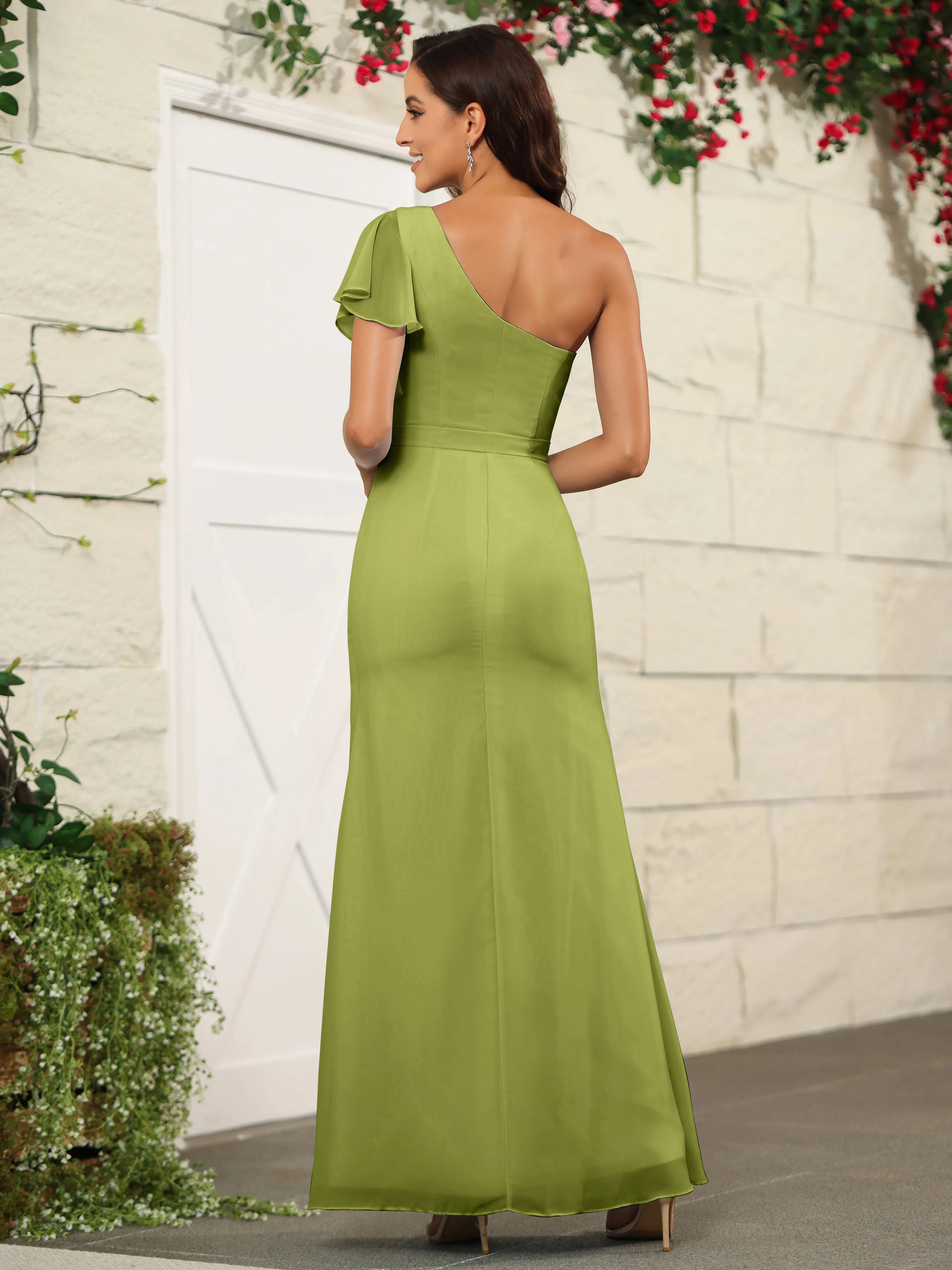 One Shoulder Chiffon Long Bridesmaid Dress with Slit