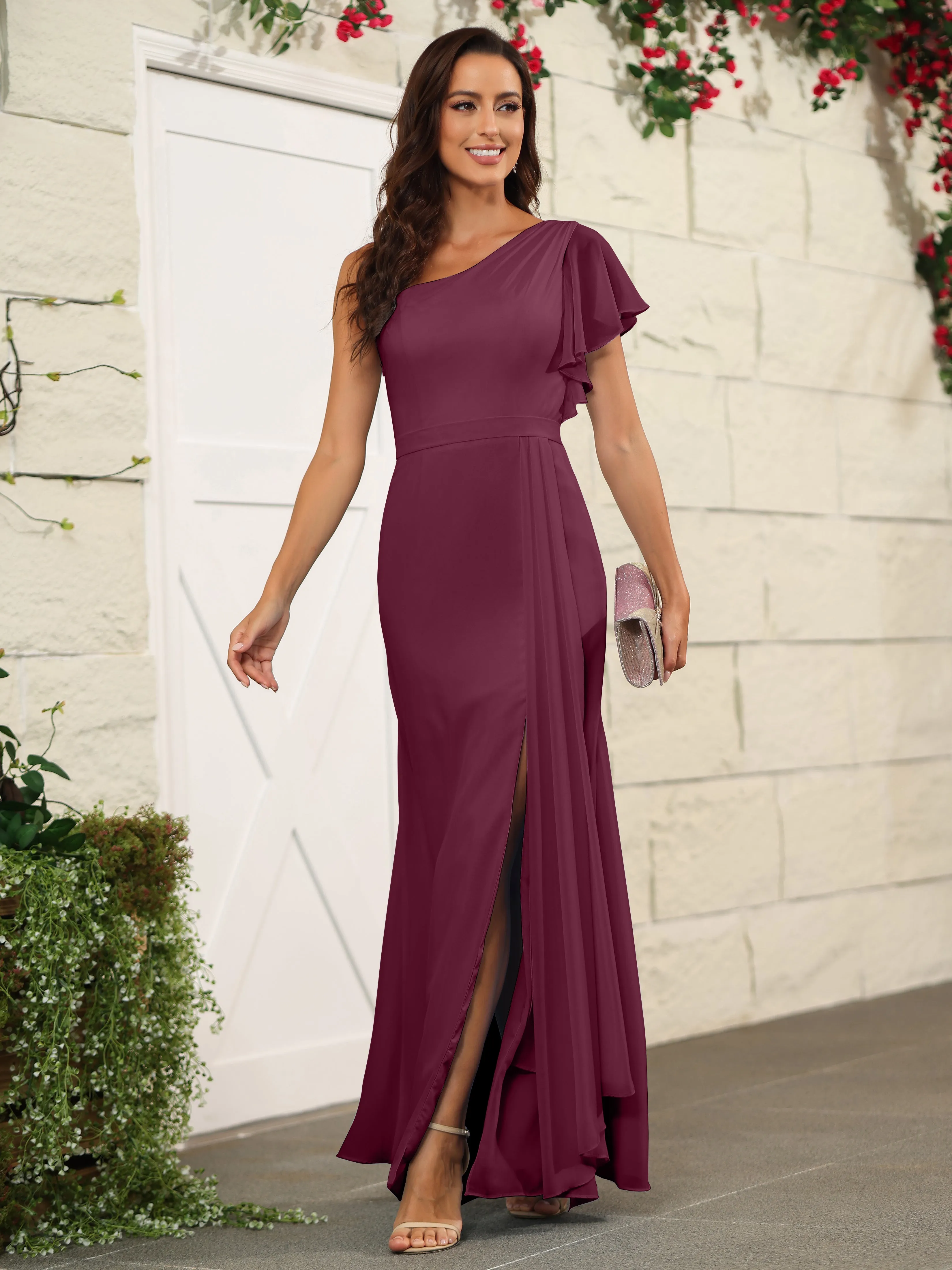 One Shoulder Chiffon Long Bridesmaid Dress with Slit