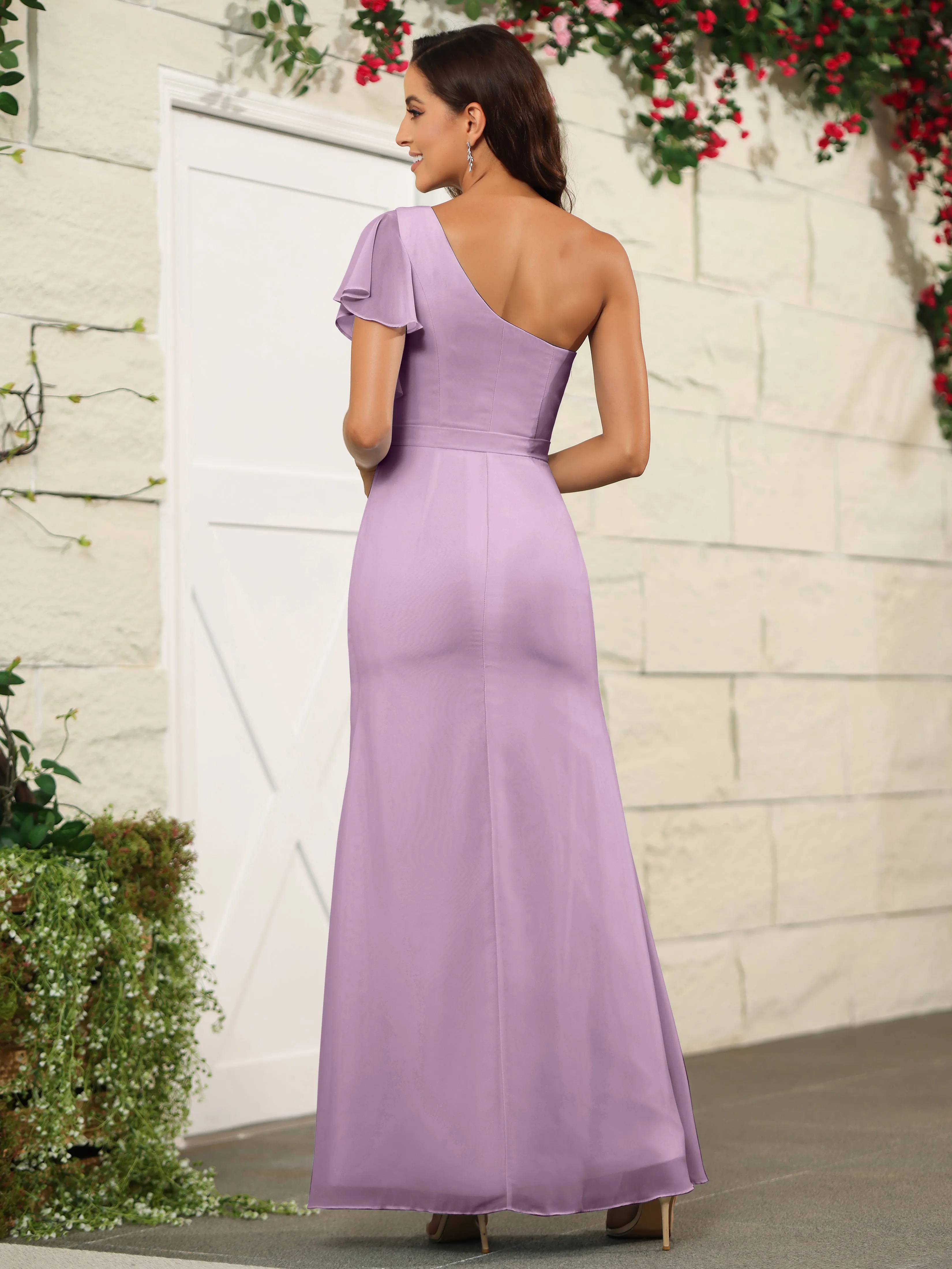 One Shoulder Chiffon Long Bridesmaid Dress with Slit