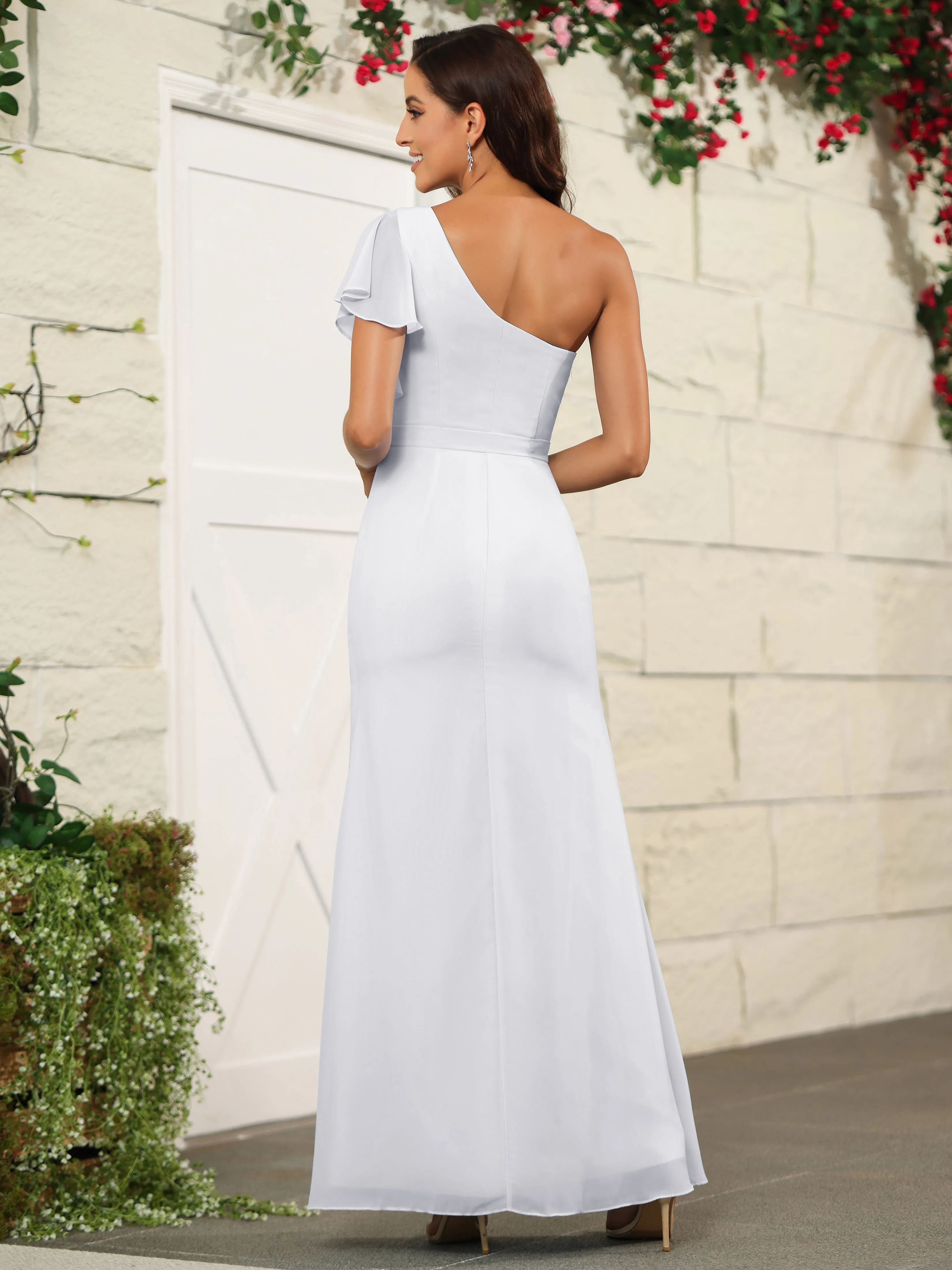 One Shoulder Chiffon Long Bridesmaid Dress with Slit