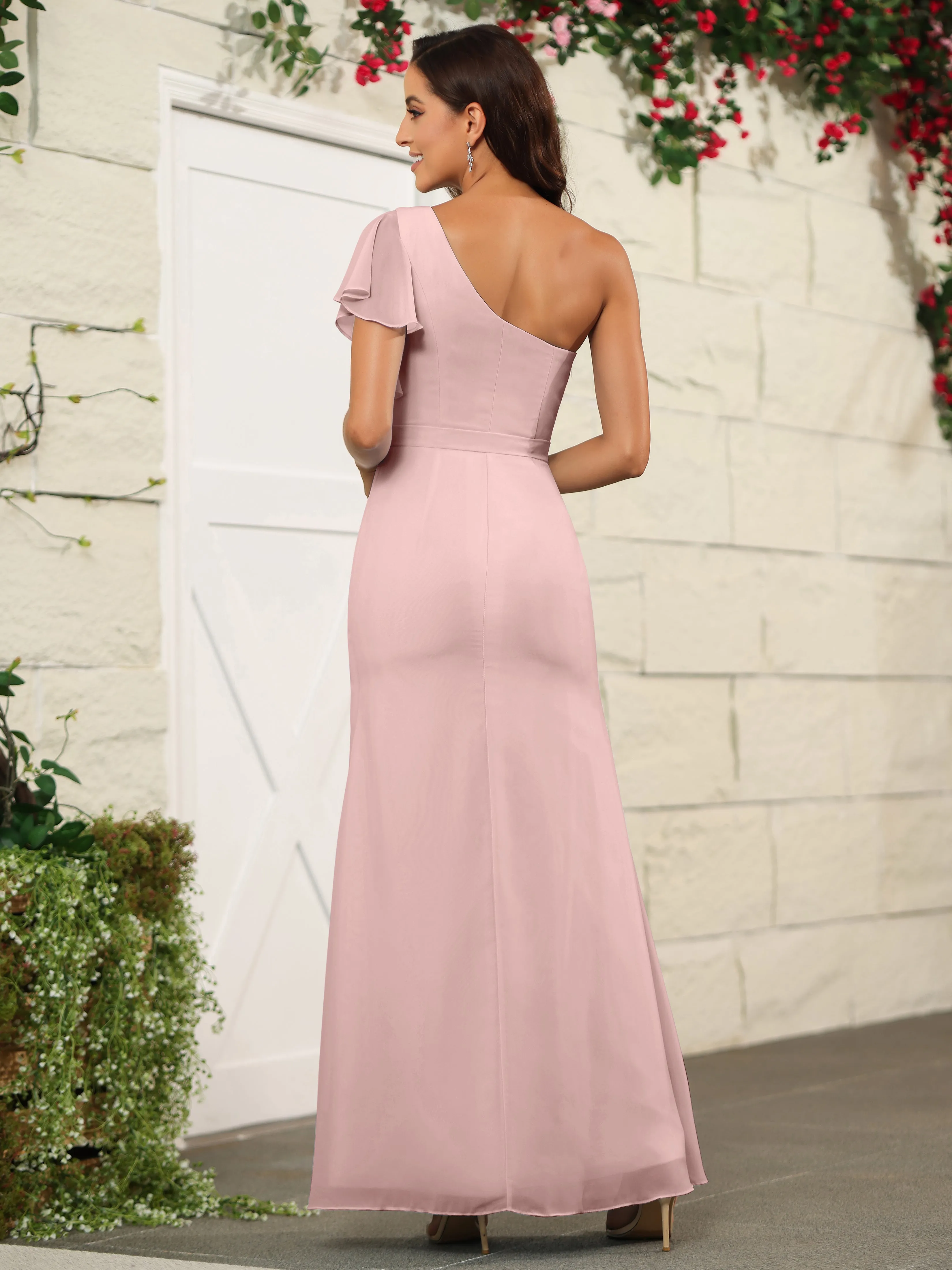 One Shoulder Chiffon Long Bridesmaid Dress with Slit