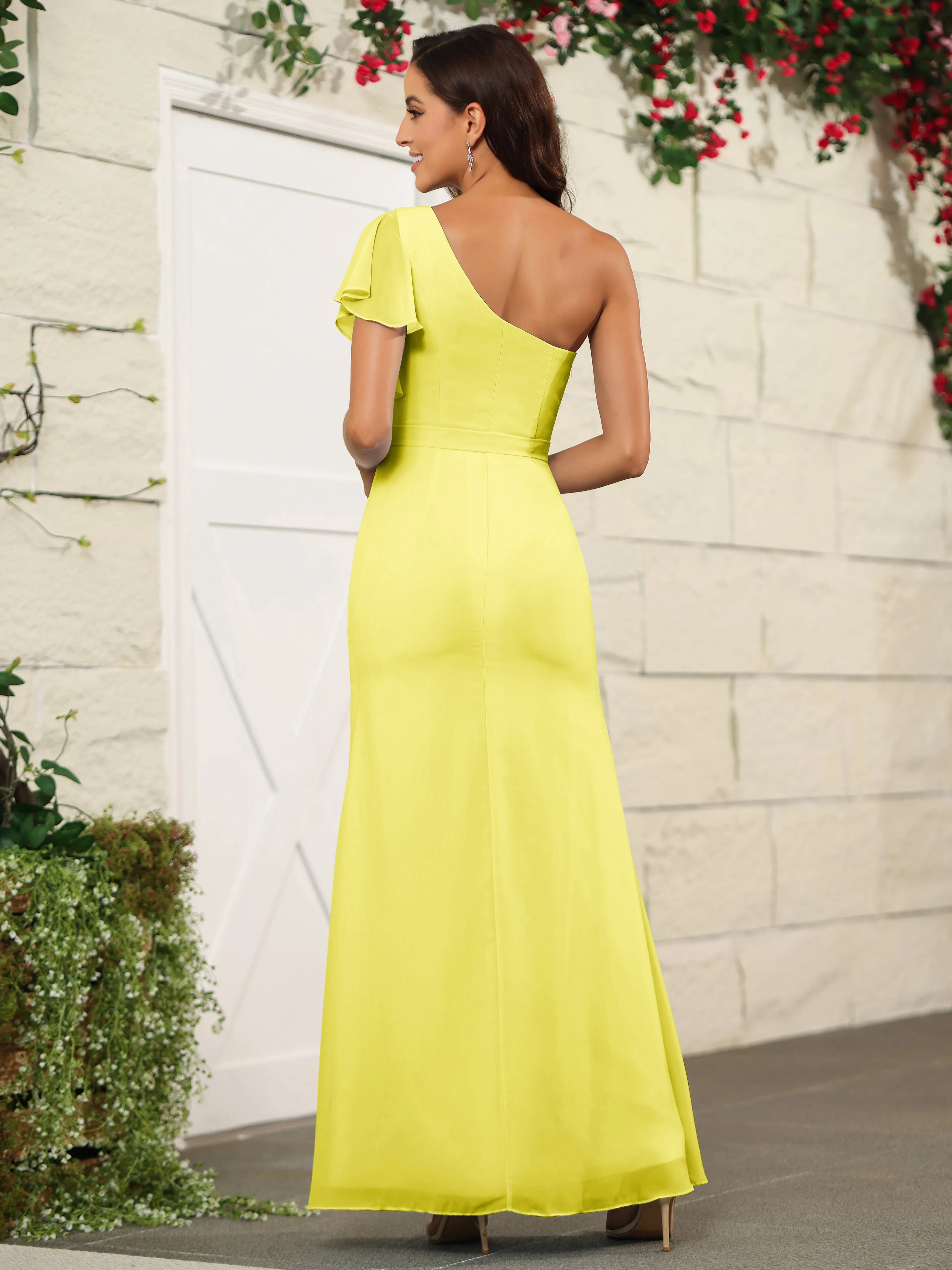 One Shoulder Chiffon Long Bridesmaid Dress with Slit