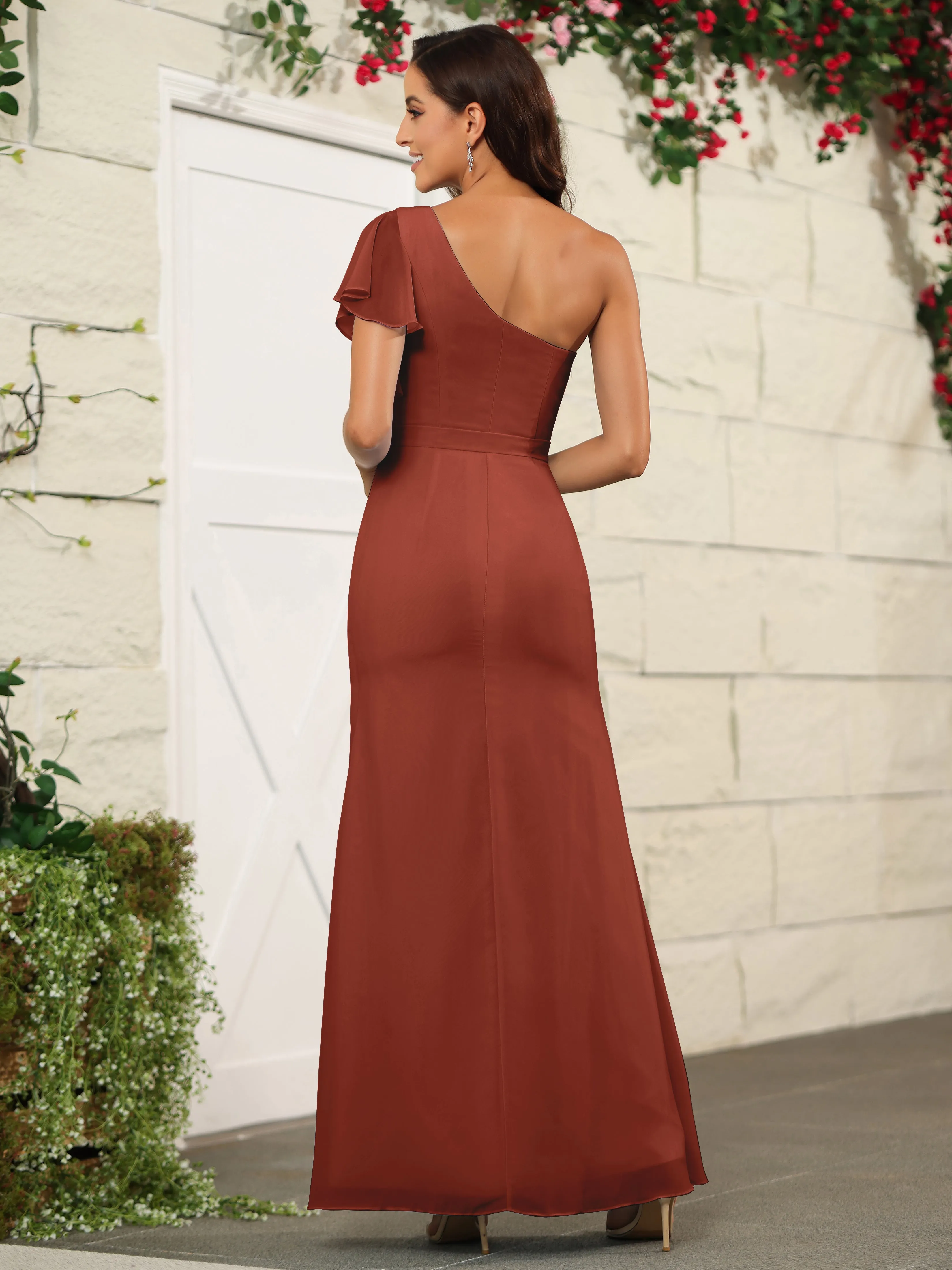 One Shoulder Chiffon Long Bridesmaid Dress with Slit