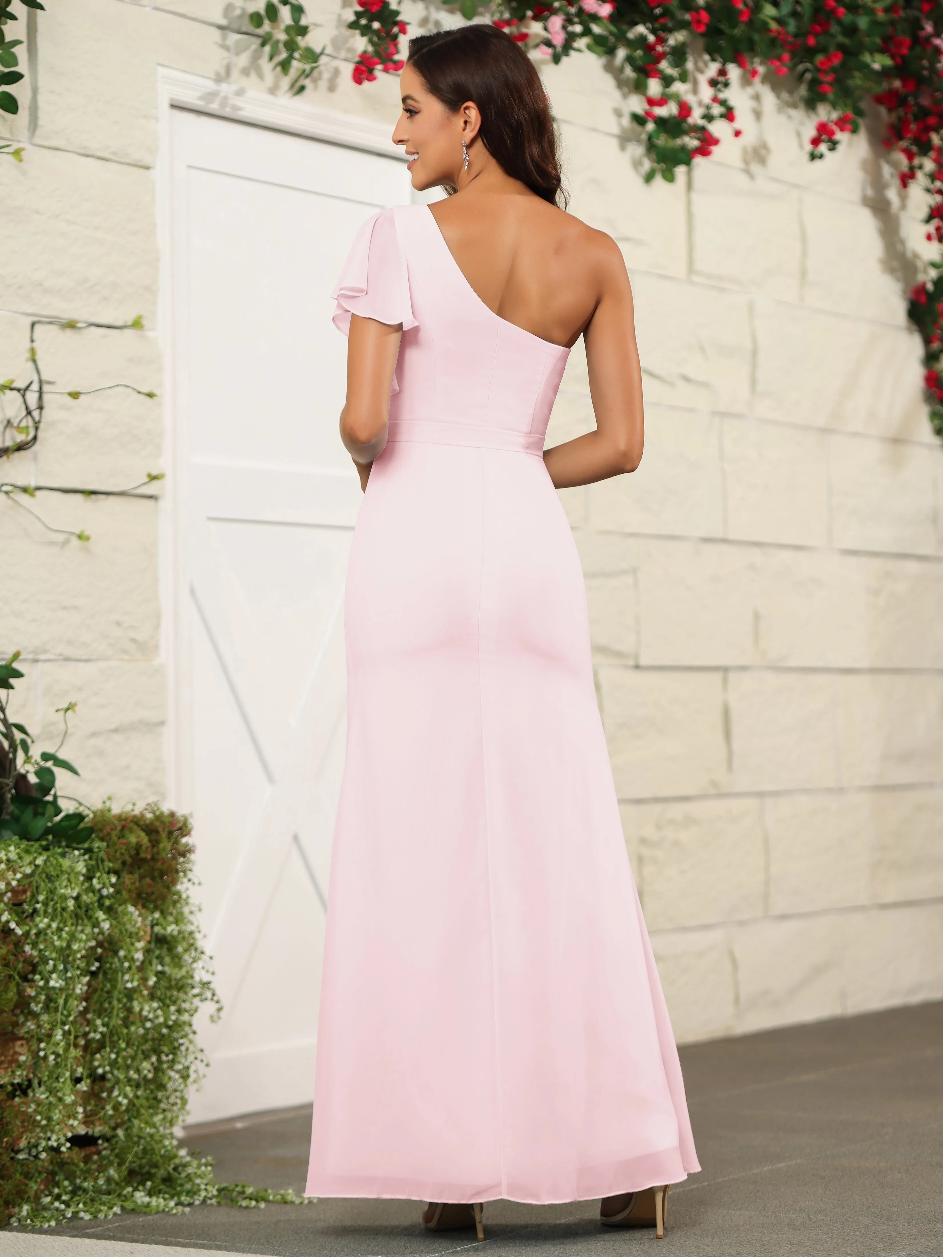 One Shoulder Chiffon Long Bridesmaid Dress with Slit