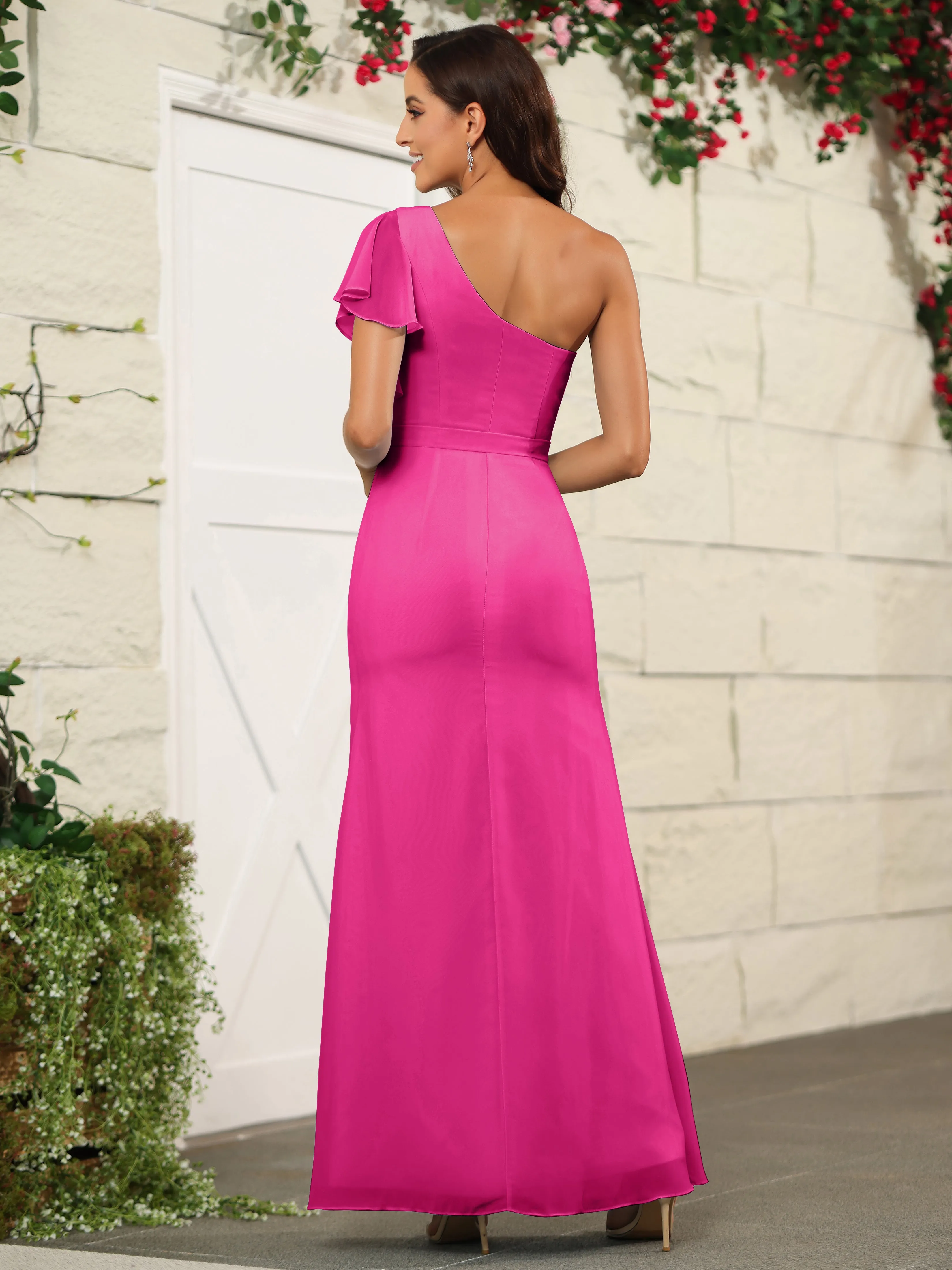 One Shoulder Chiffon Long Bridesmaid Dress with Slit