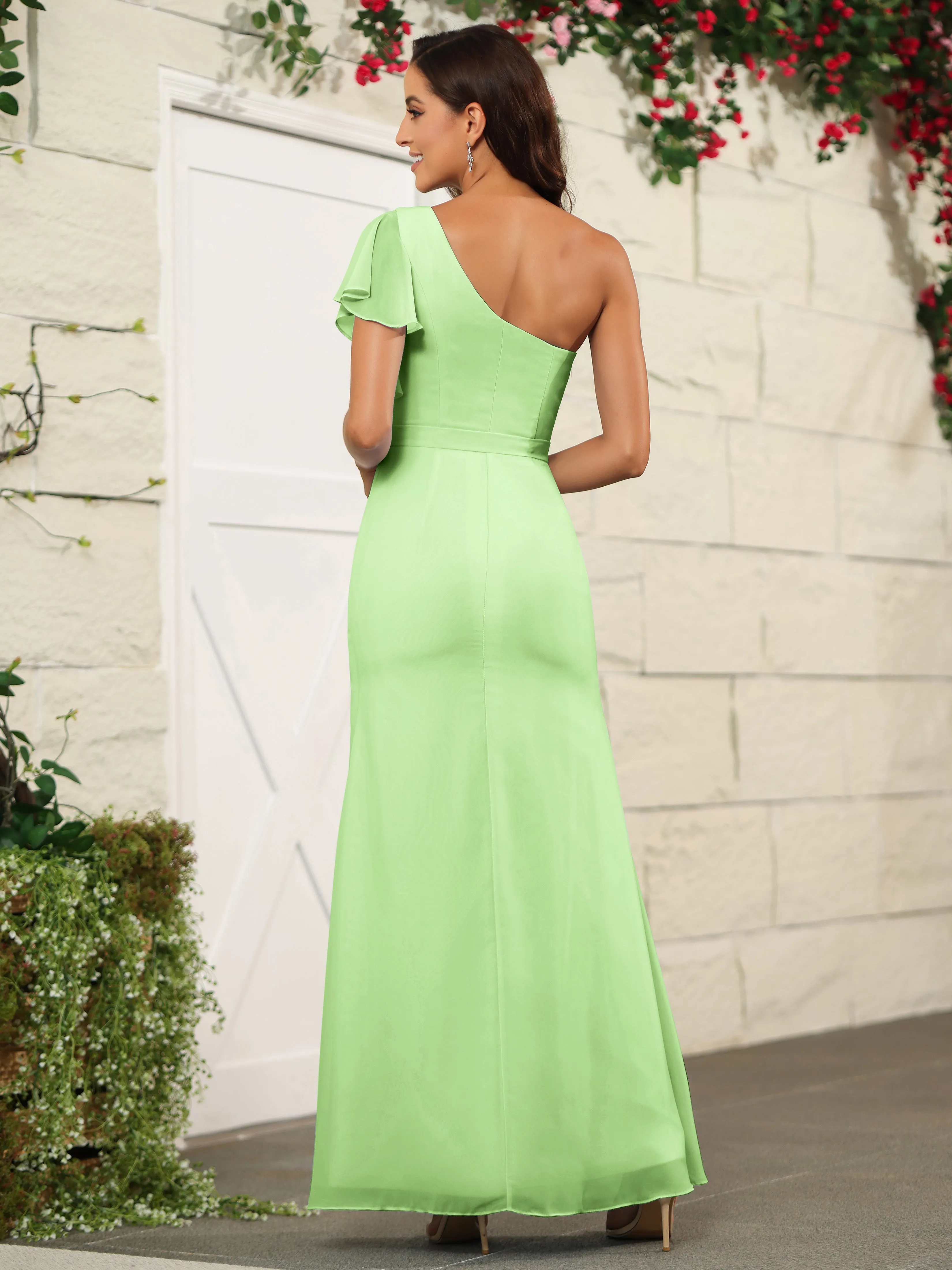 One Shoulder Chiffon Long Bridesmaid Dress with Slit