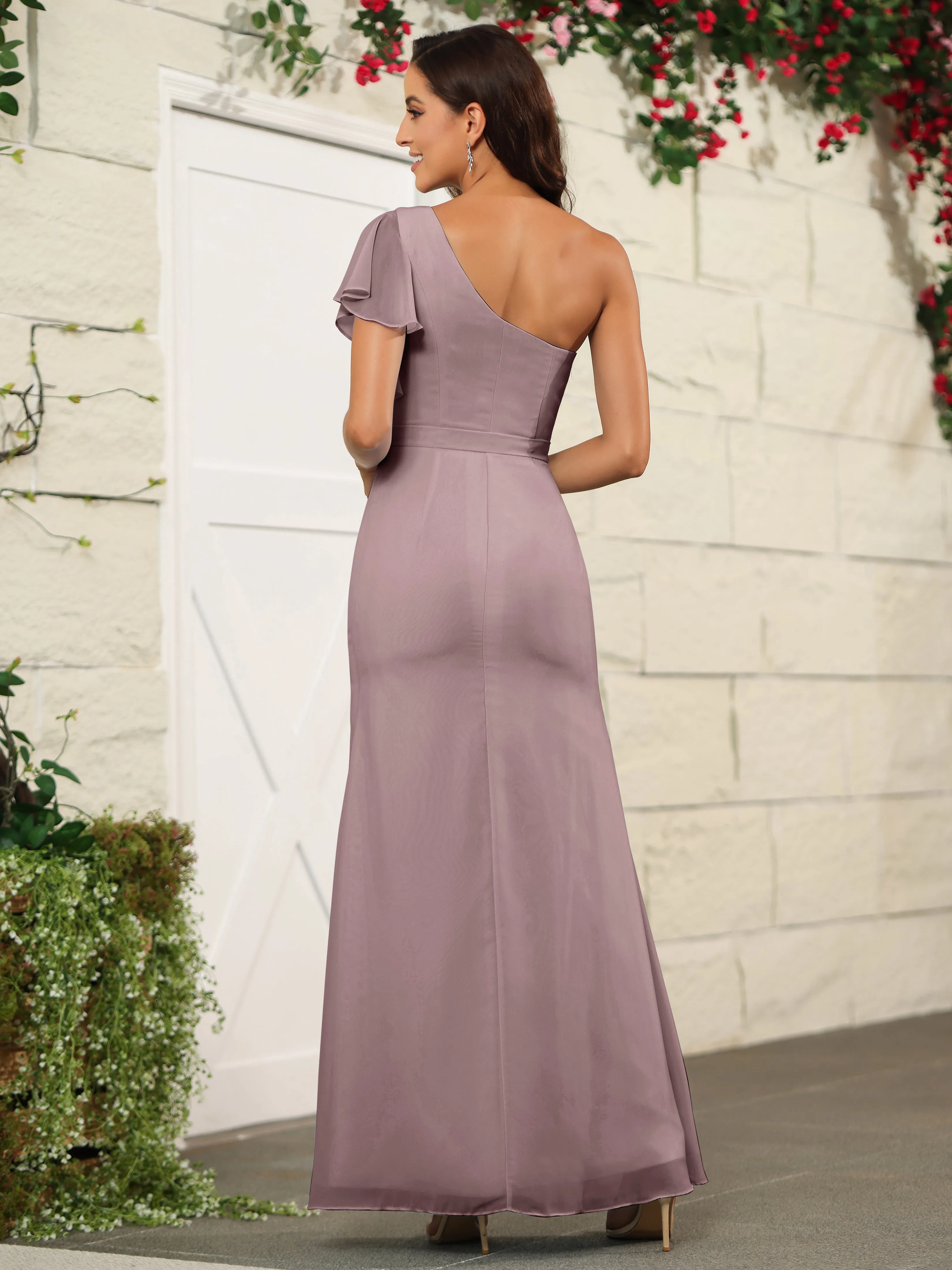 One Shoulder Chiffon Long Bridesmaid Dress with Slit