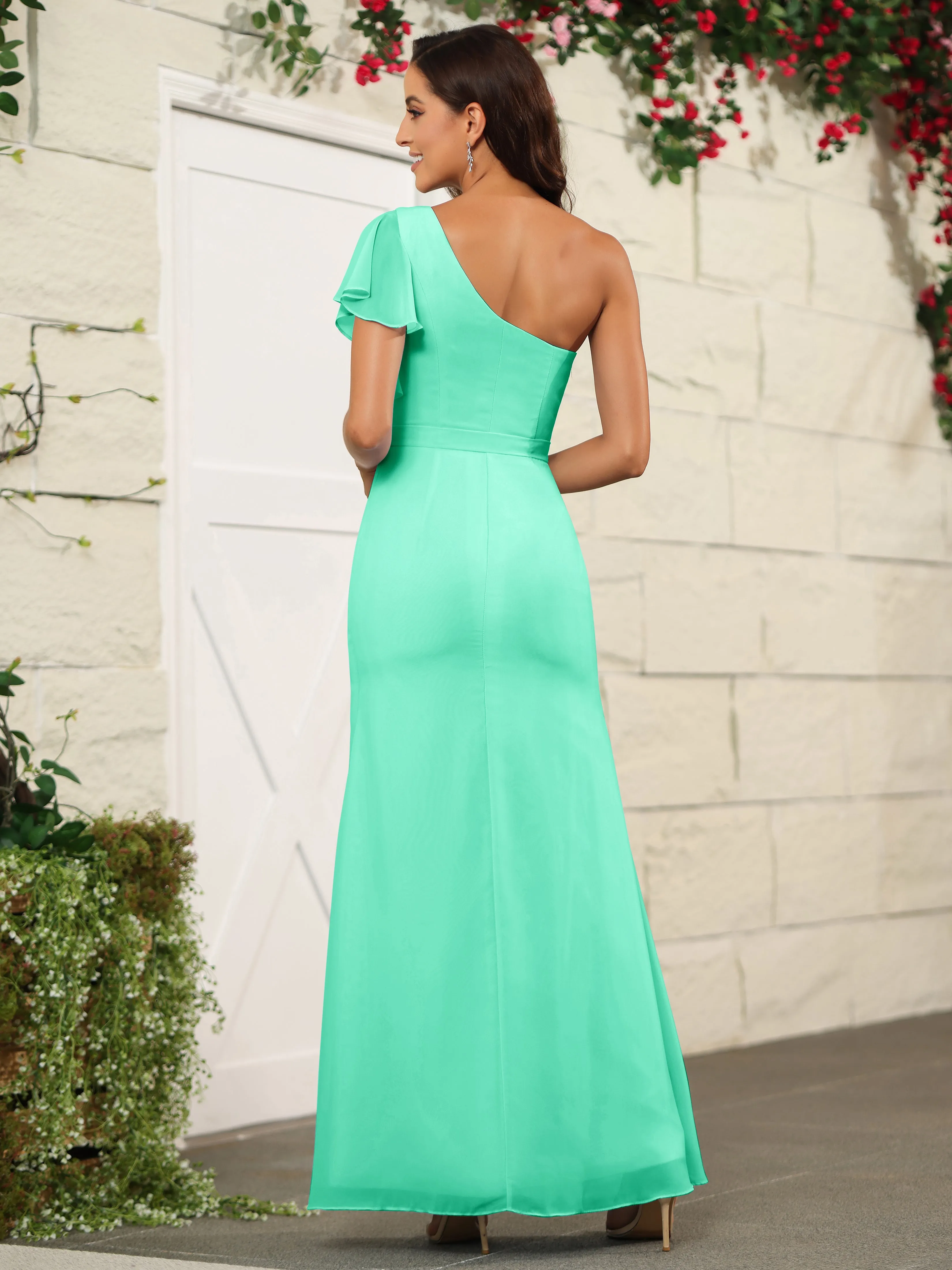 One Shoulder Chiffon Long Bridesmaid Dress with Slit