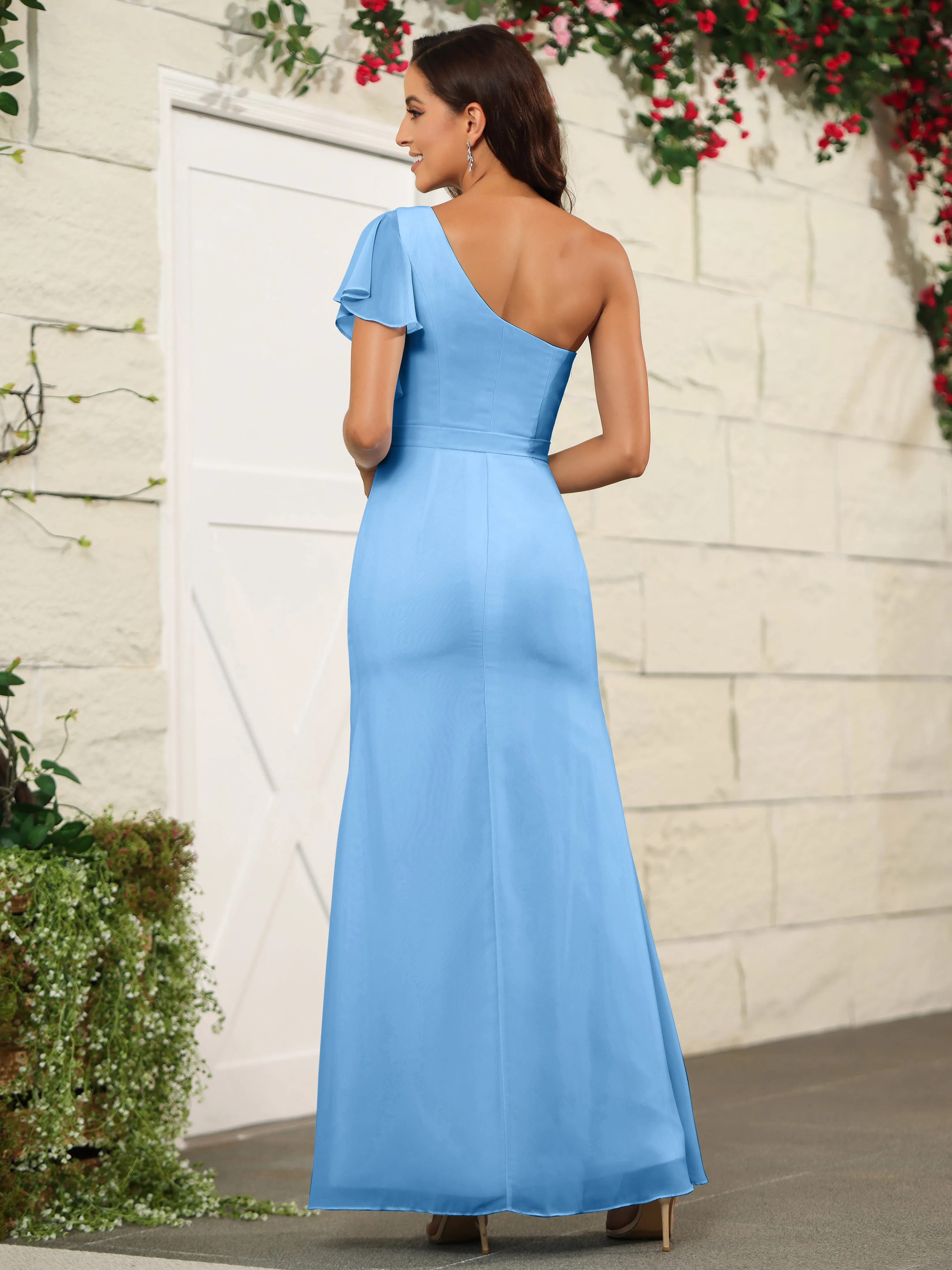 One Shoulder Chiffon Long Bridesmaid Dress with Slit