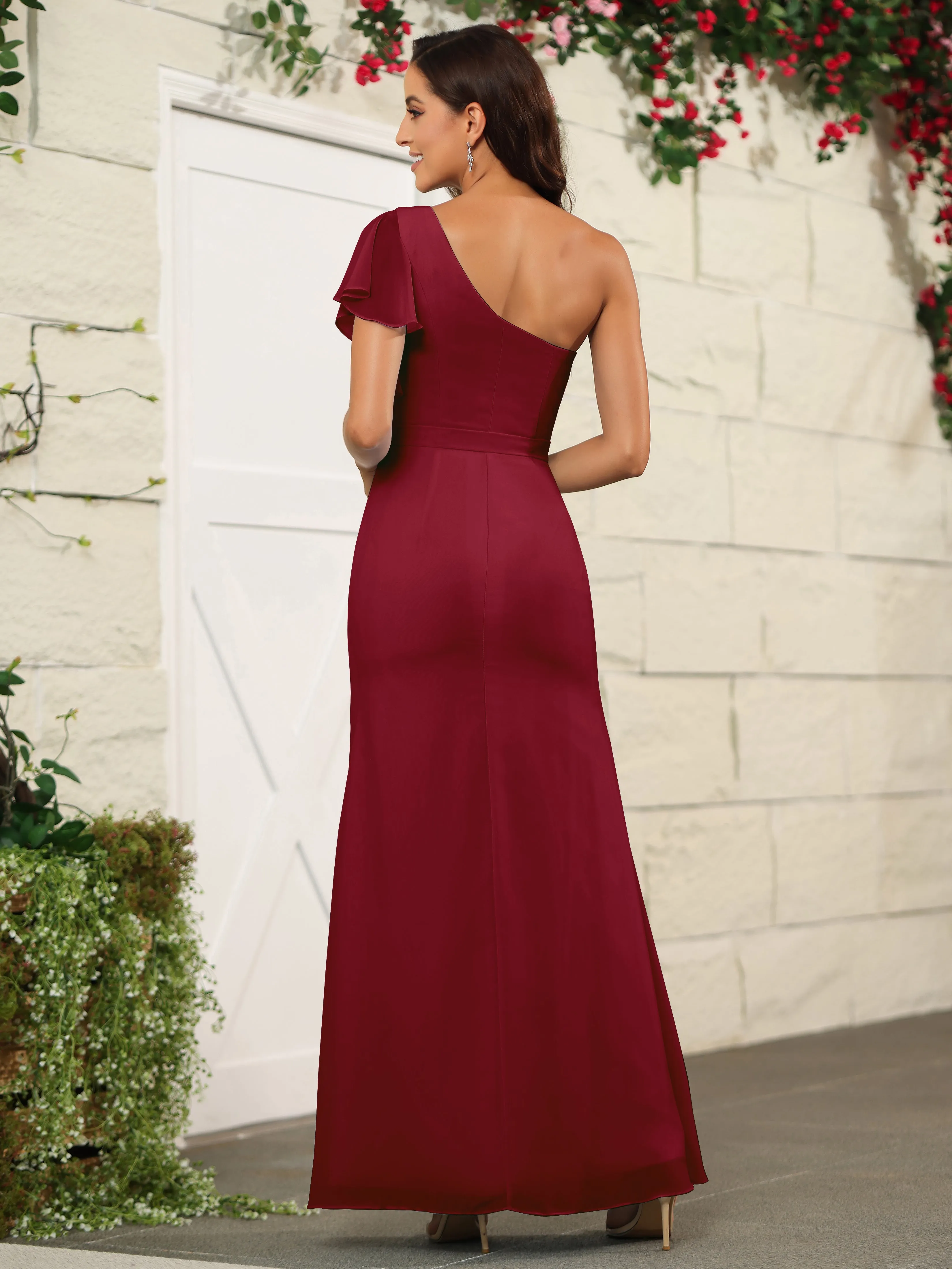 One Shoulder Chiffon Long Bridesmaid Dress with Slit
