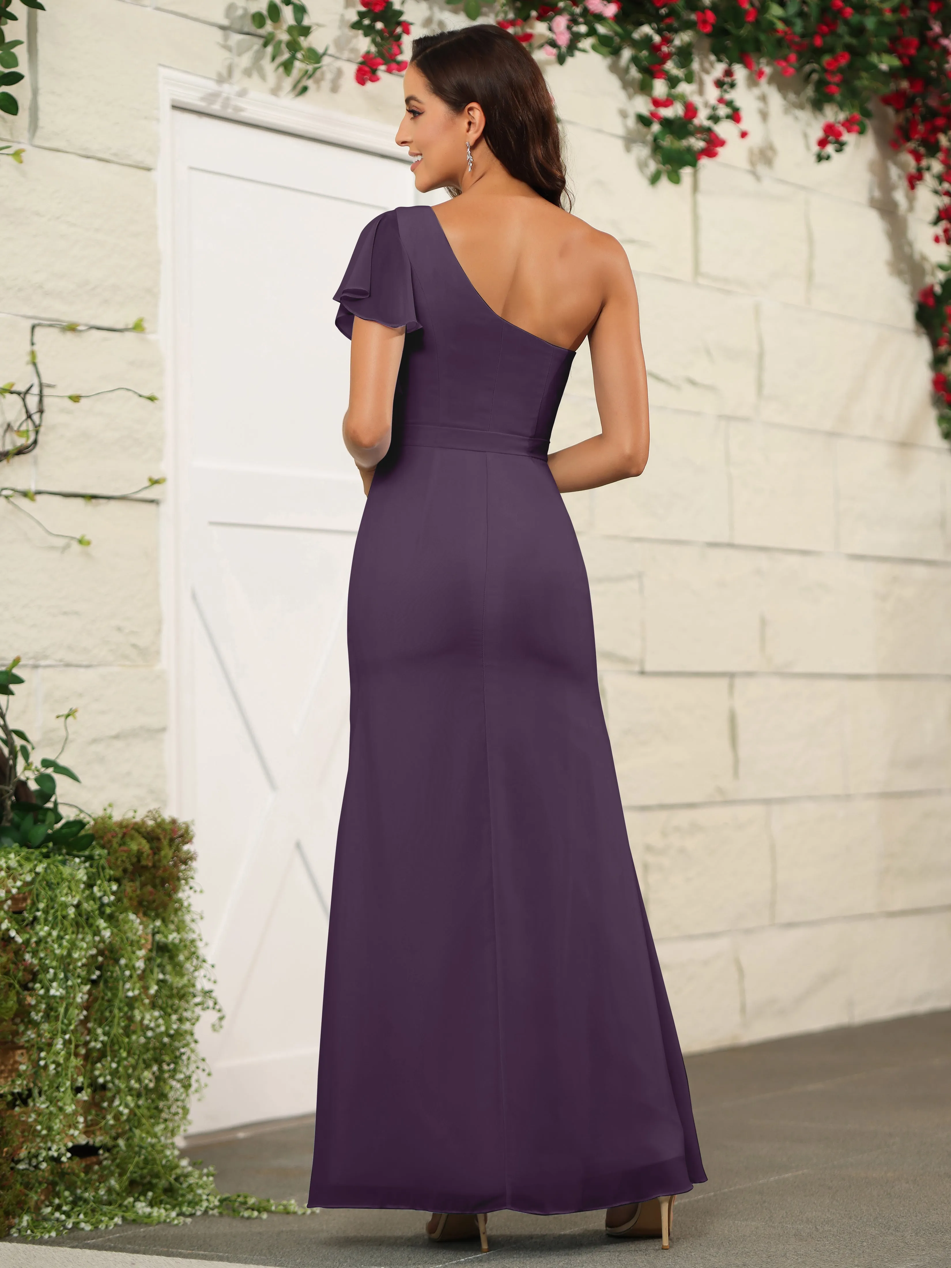 One Shoulder Chiffon Long Bridesmaid Dress with Slit