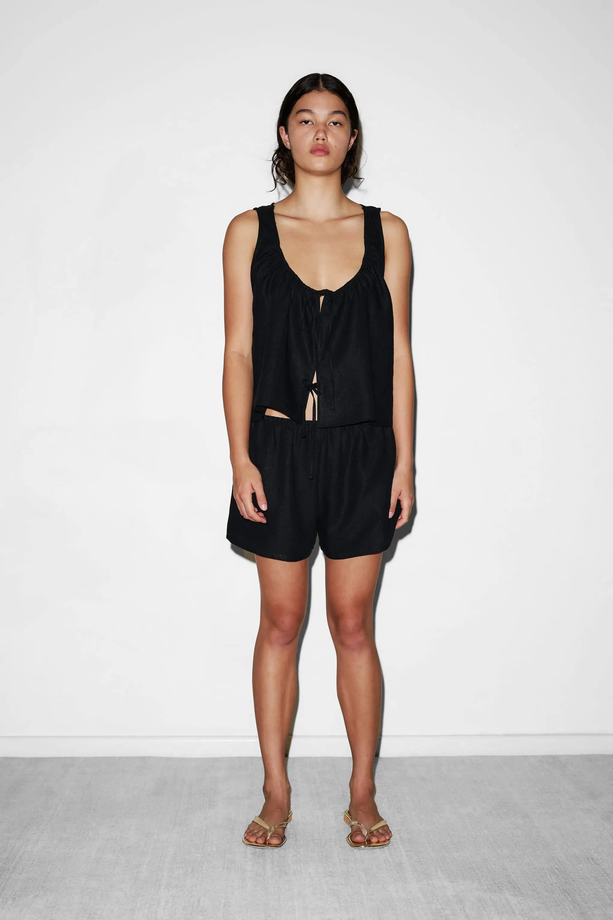 Open Linen Short Set in Black
