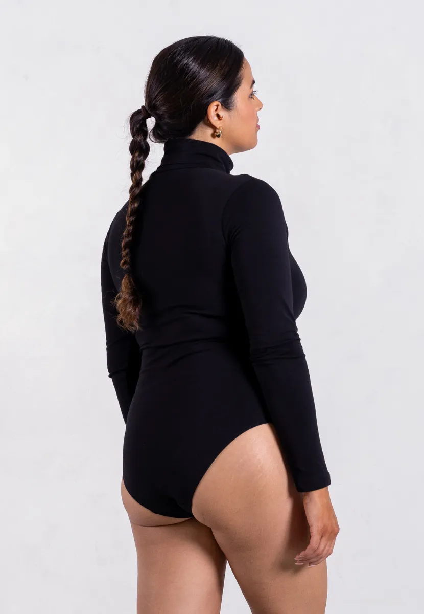 Organic Cotton Long Sleeve Roll-Neck Bodysuit, Black