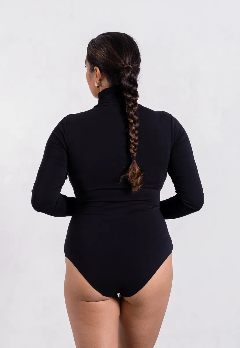 Organic Cotton Long Sleeve Roll-Neck Bodysuit, Black
