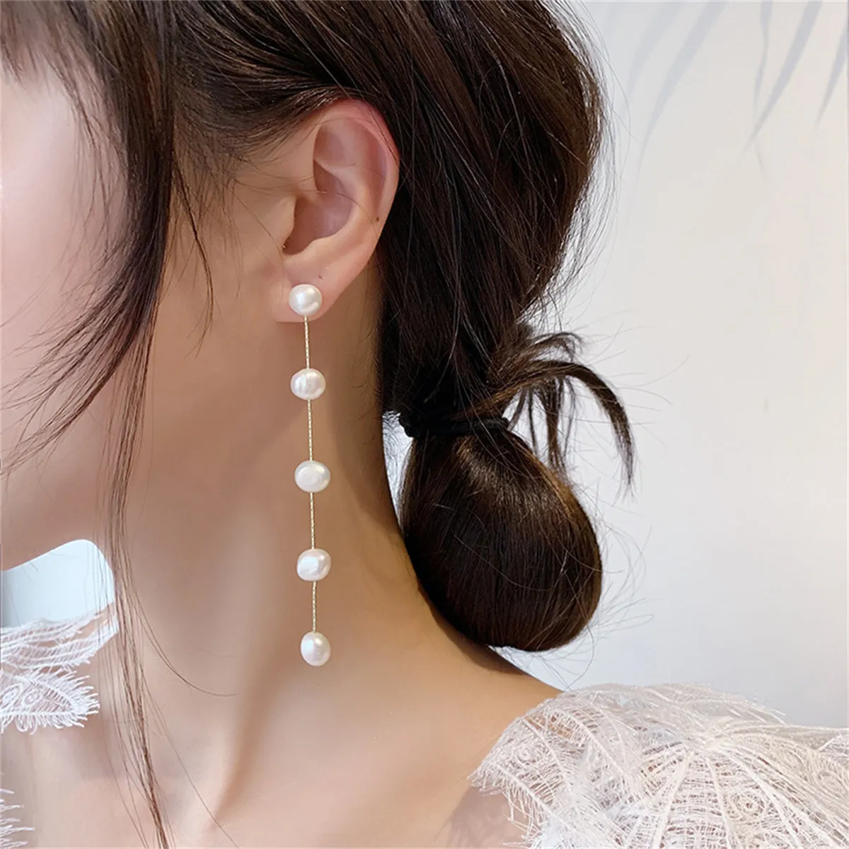 Pearl & 18K Gold-Plated Station Line Drop Earrings