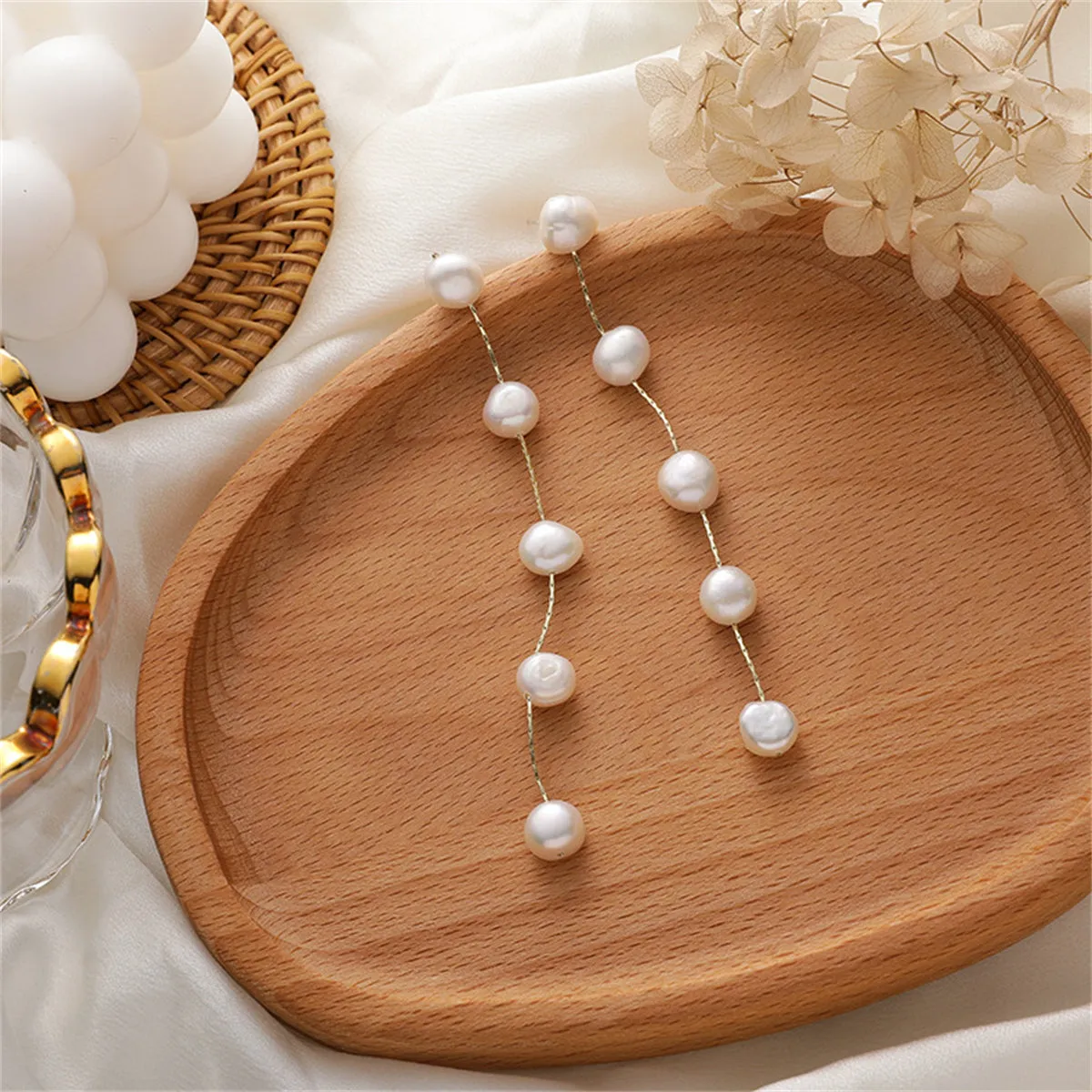 Pearl & 18K Gold-Plated Station Line Drop Earrings