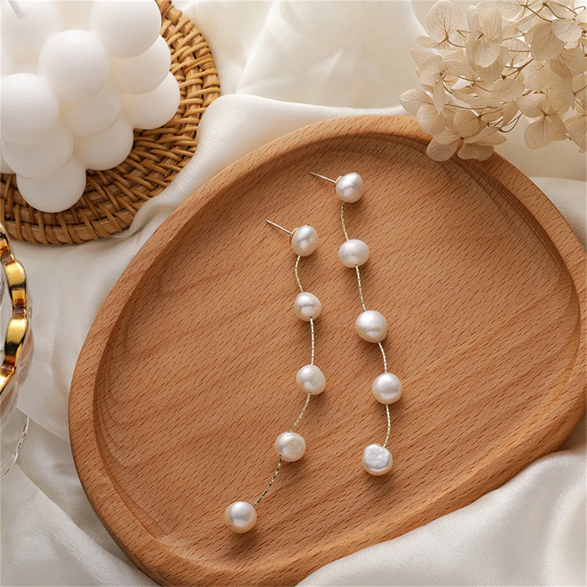 Pearl & 18K Gold-Plated Station Line Drop Earrings